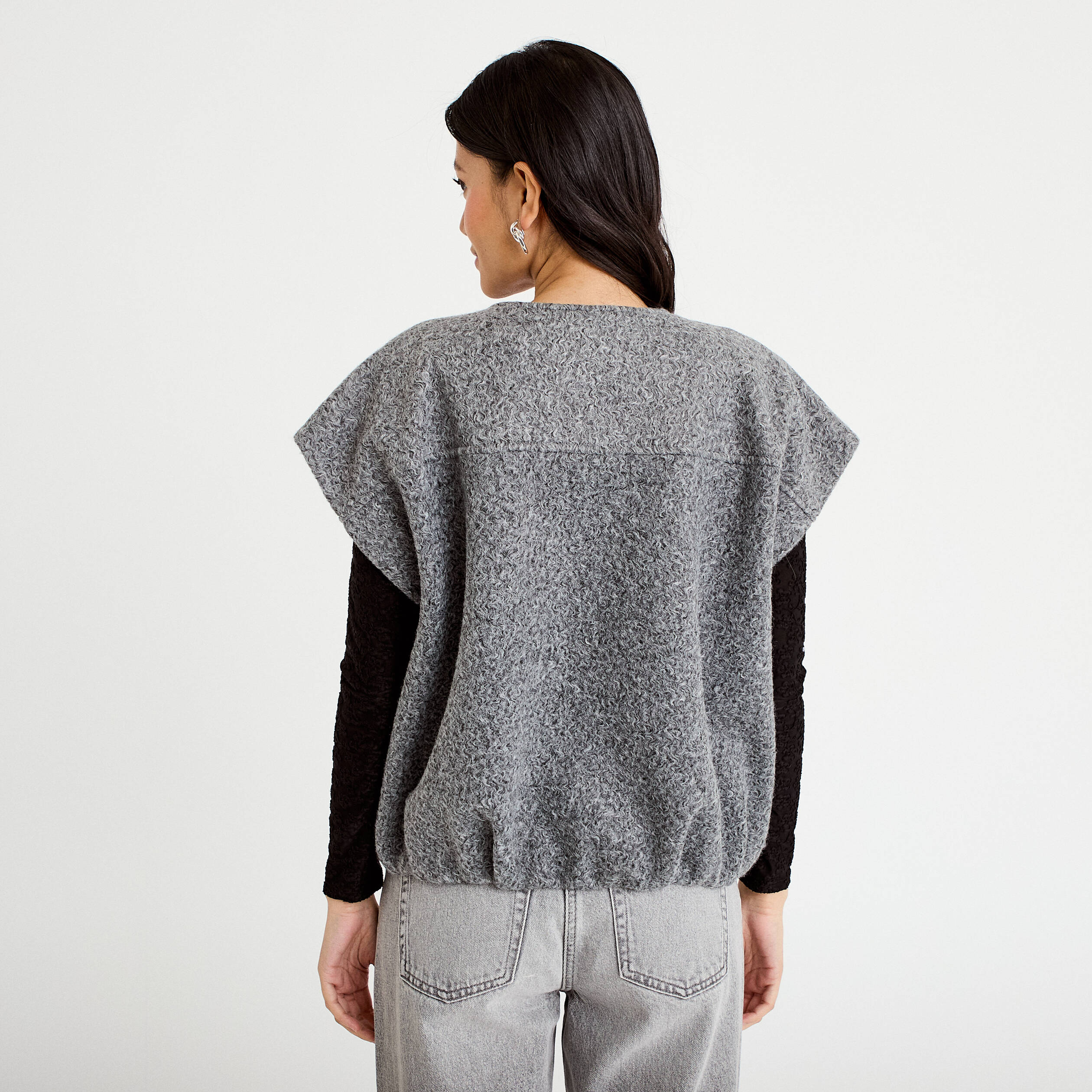 Gilet oversize sans manches col rond gris clair femme