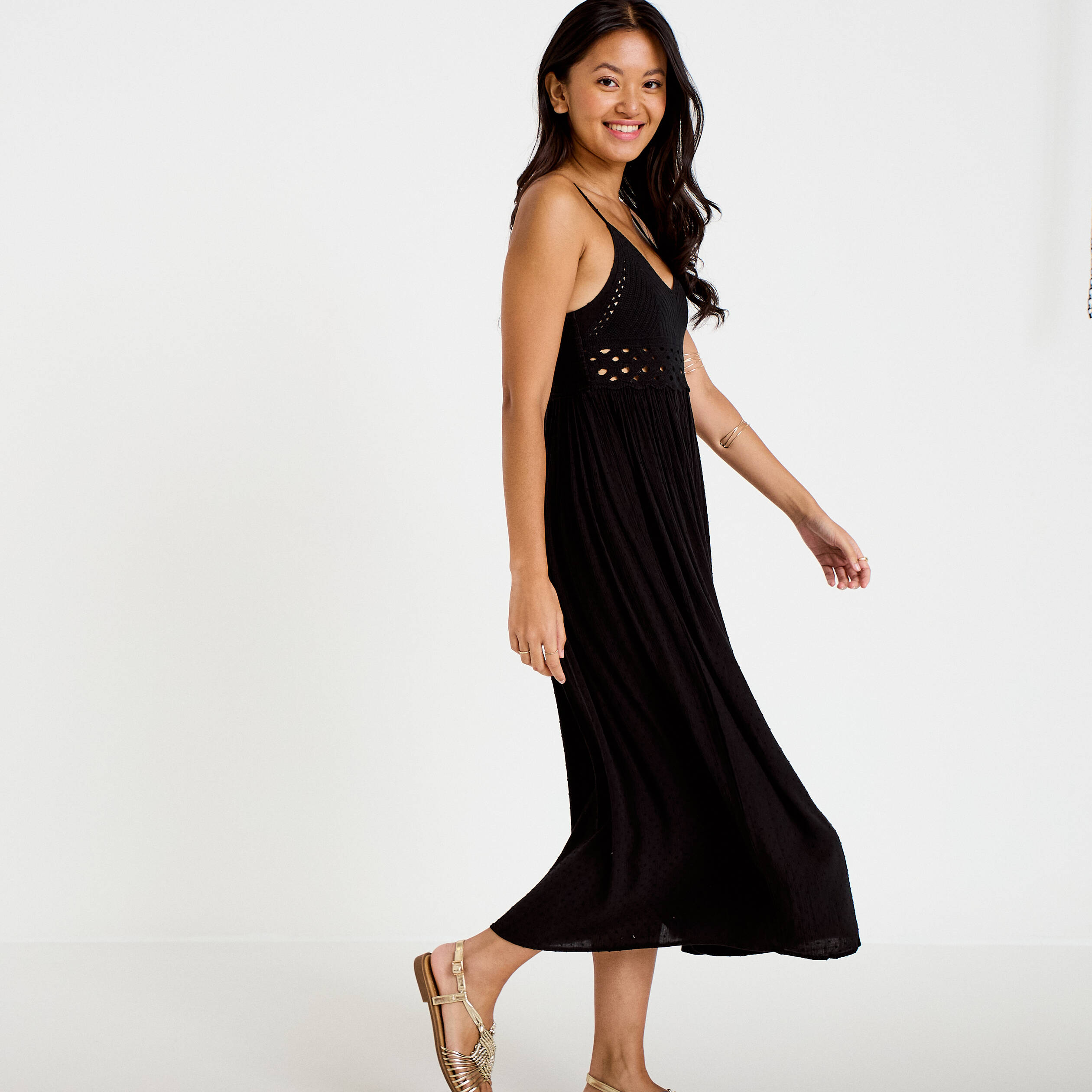 Robe longue bi-mati&egrave;re col v noir femme