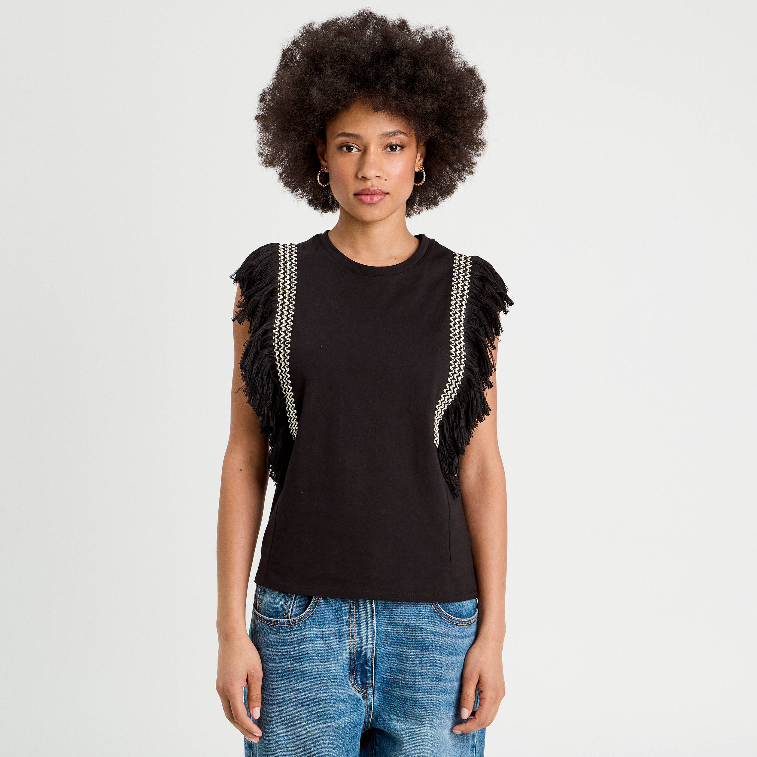 T-shirt avec franges noir femme