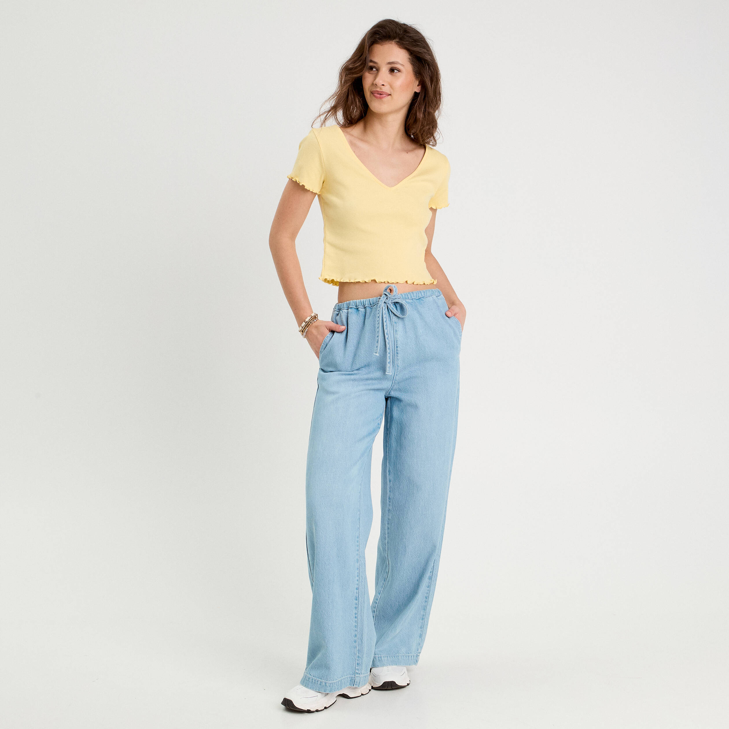 T-shirt côtelé manches courtes jaune clair femme