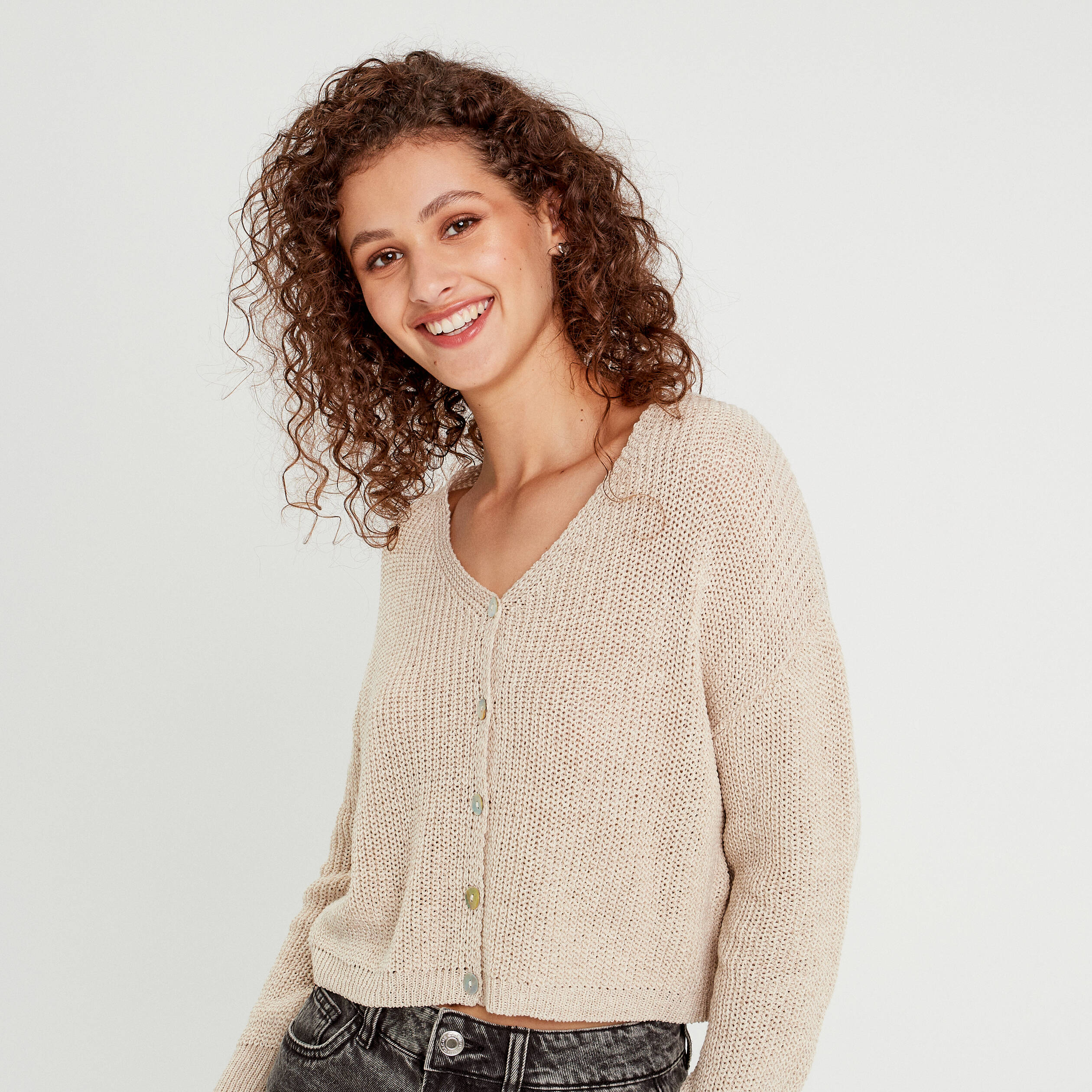 Gilet col en V manches longues sable femme Vibs