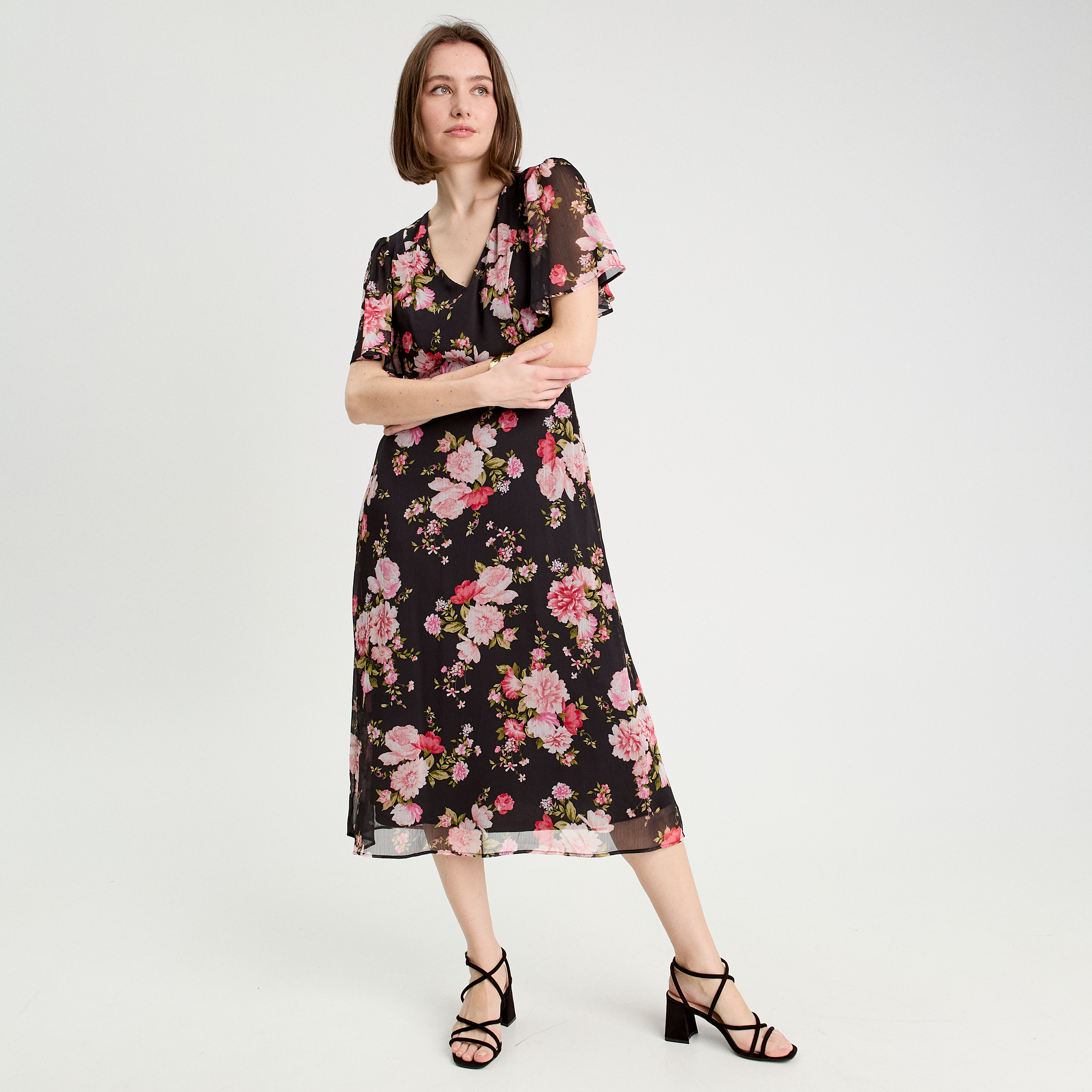 robe midi evasee col en v noir femme Robe midi évasée col en V noir femme