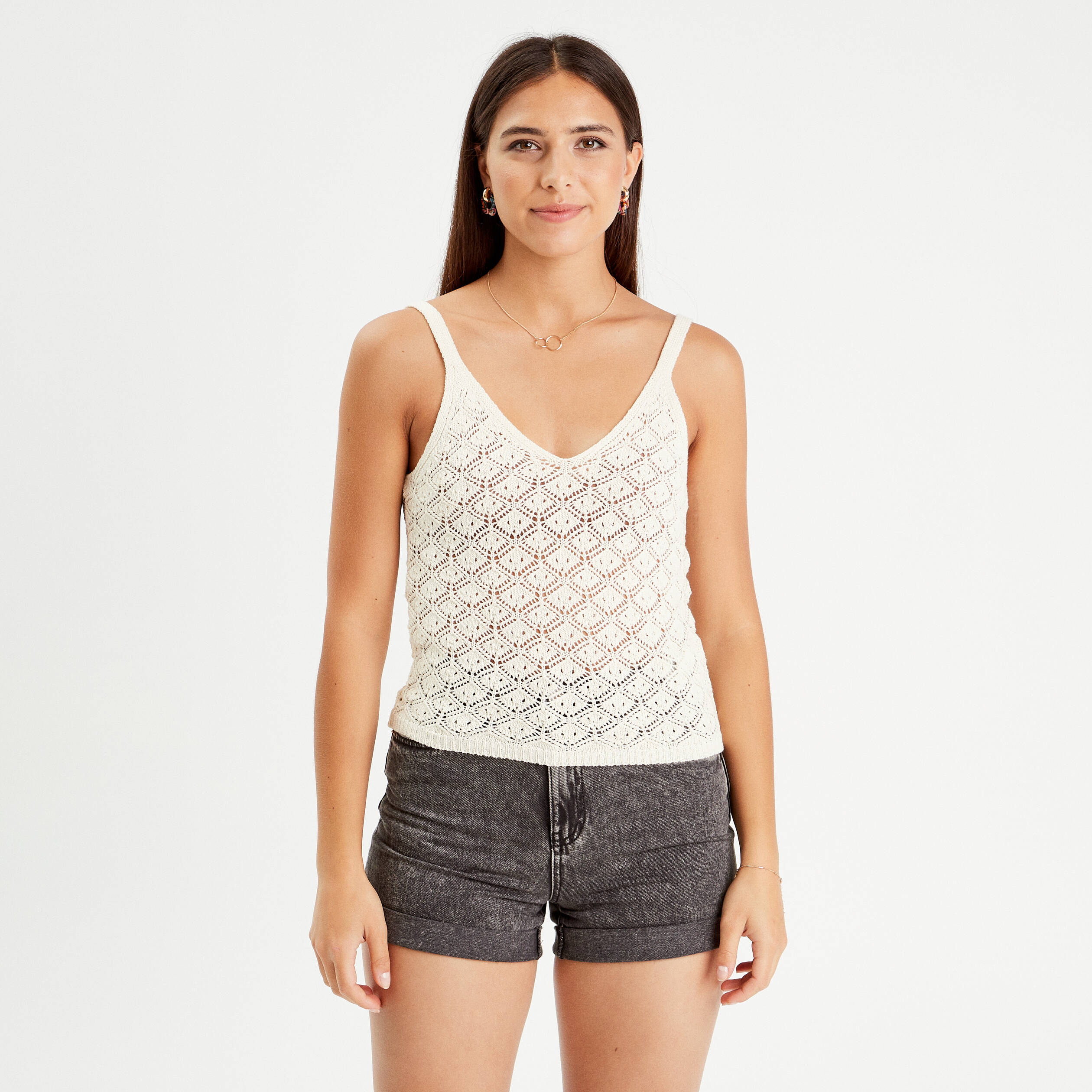 debardeur tricot ajoure ecru femme Débardeur tricot ajouré ecru femme