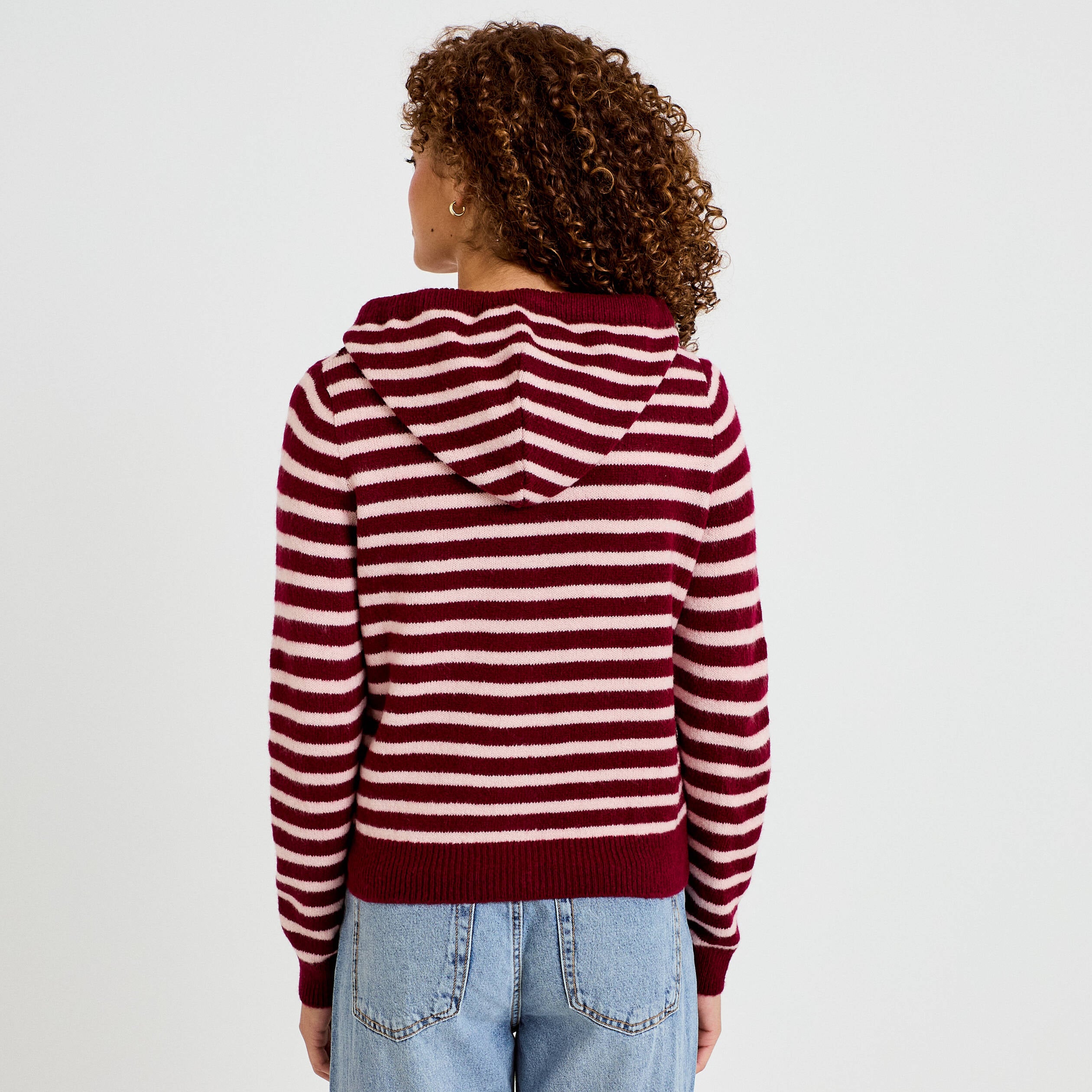 Gilet &agrave; capuche manches longues bordeaux femme