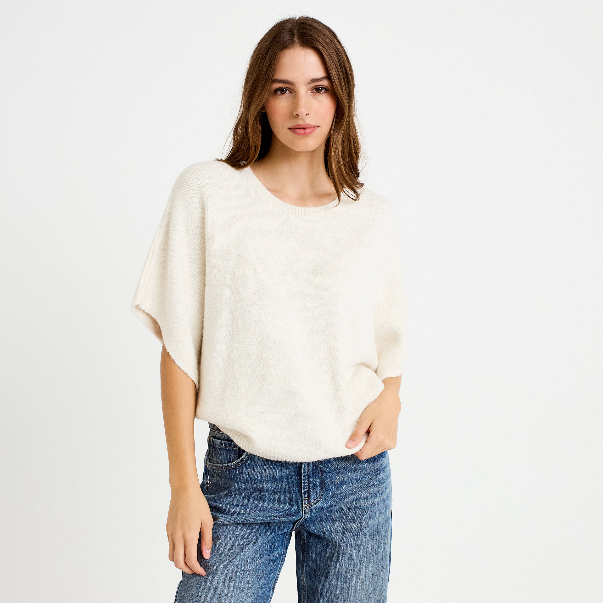 Pull oversize col rond manches courtes ecru femme