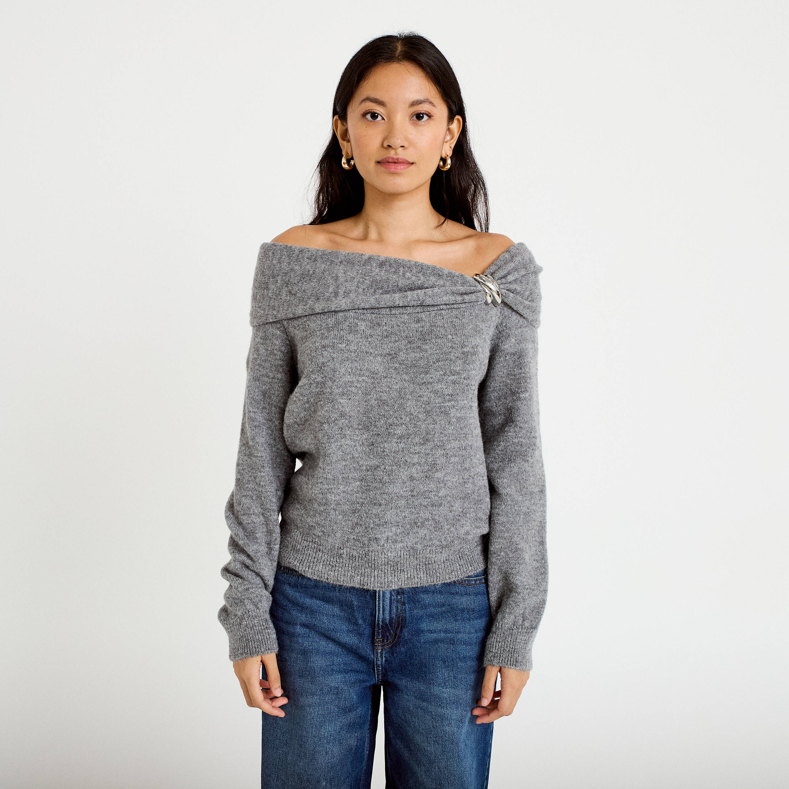 Pull col bardot manches longues gris femme