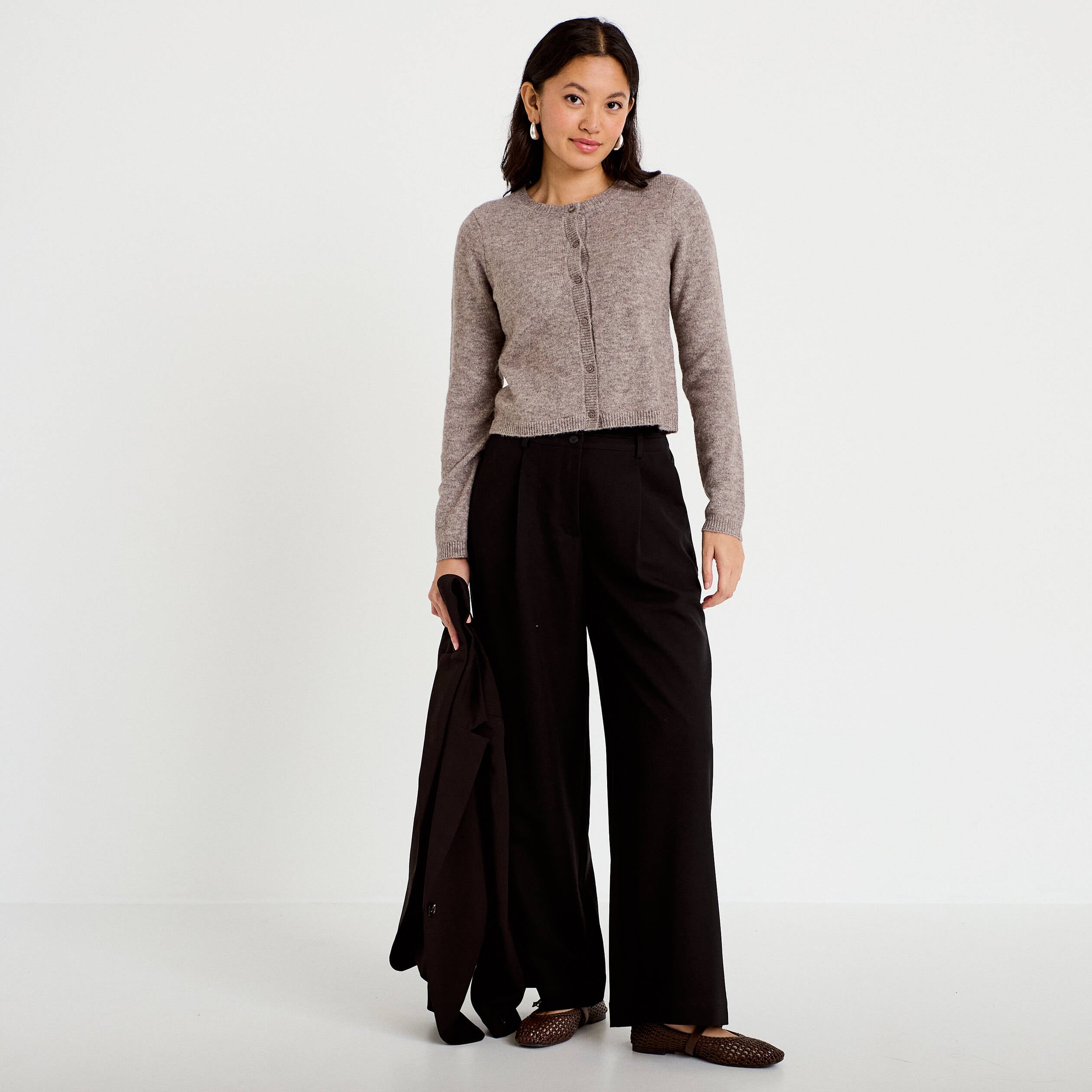 Pantalon large taille haute noir femme