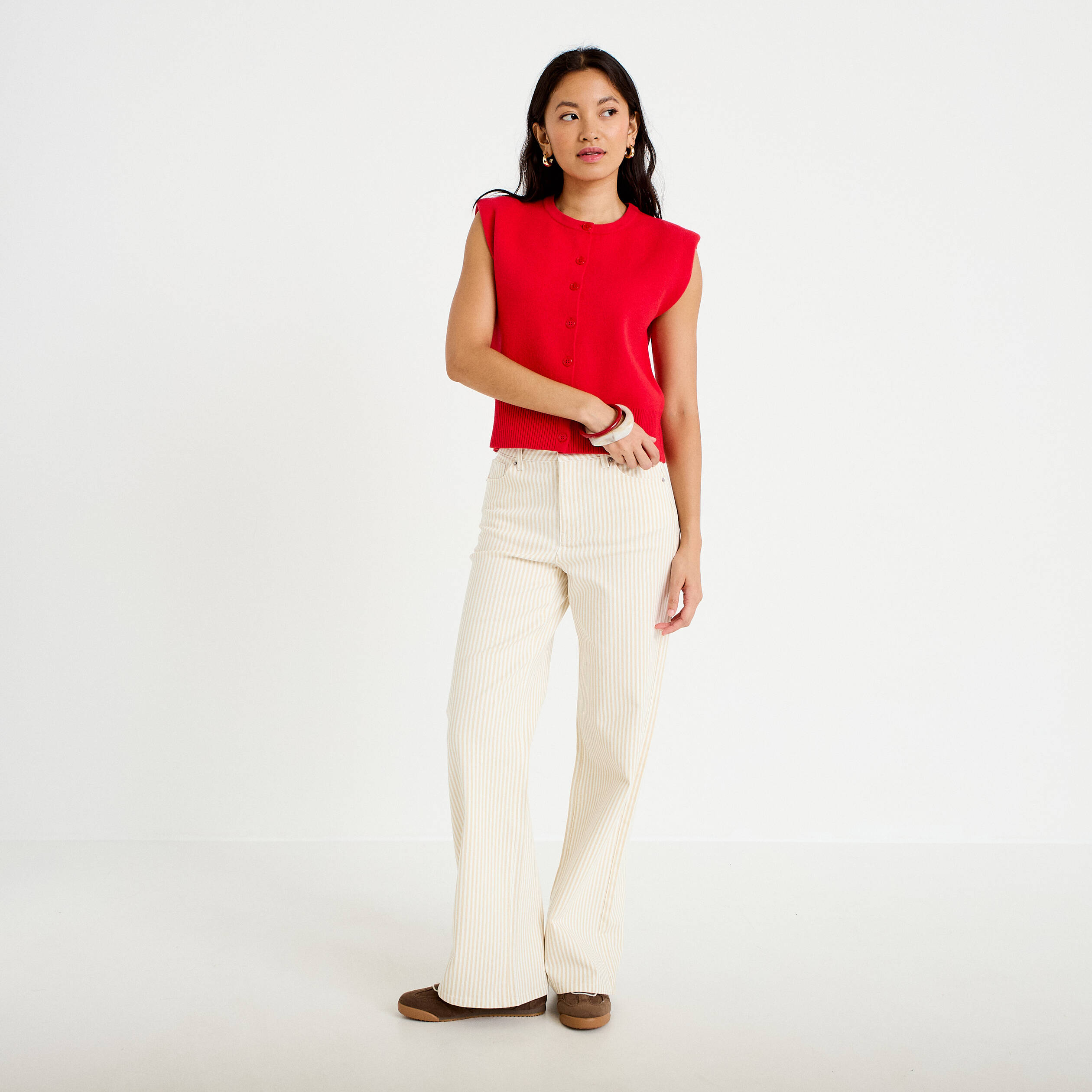 Jean wide leg ray&eacute; taille haute beige femme