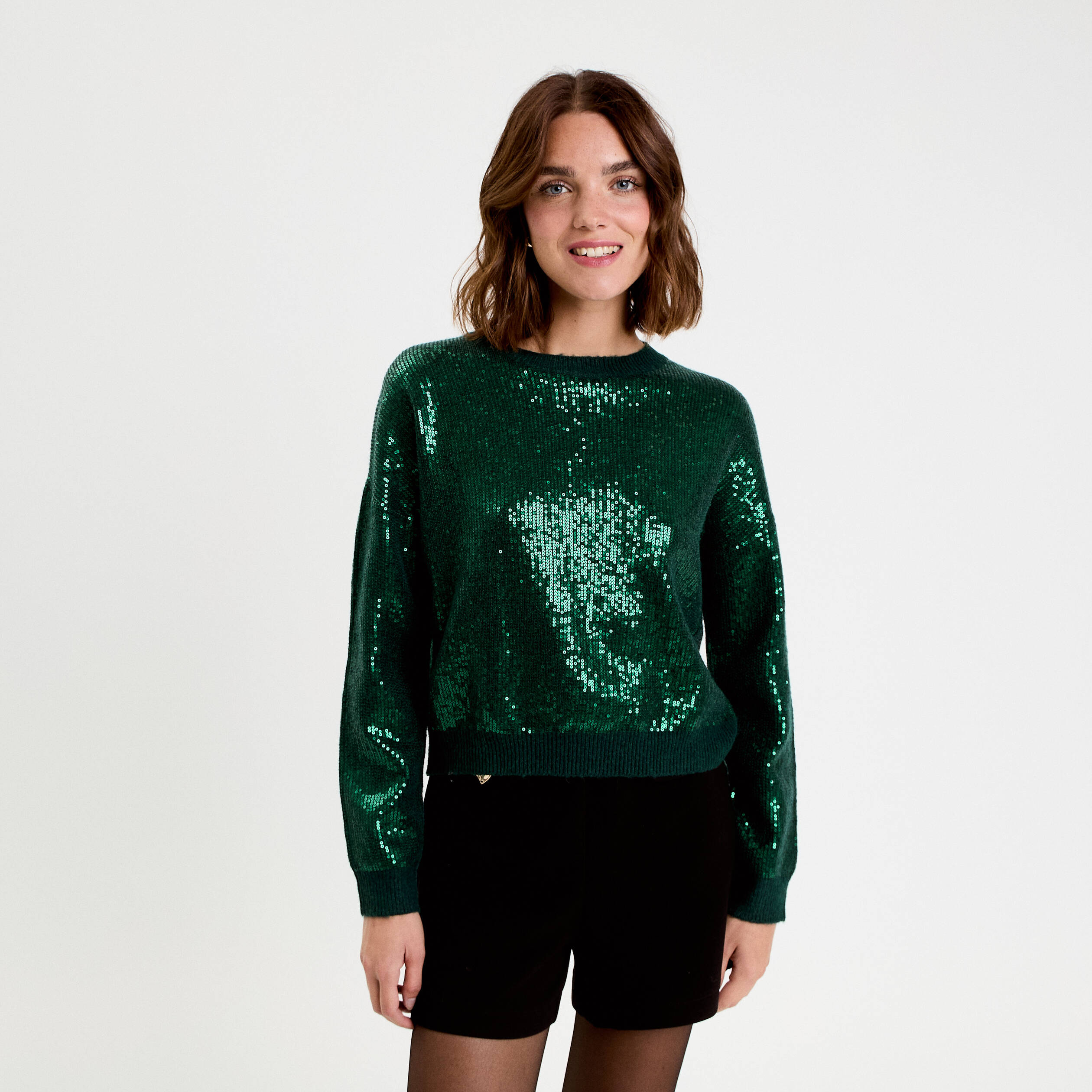 Pull manches longues avec sequins vert fonc&eacute; femme
