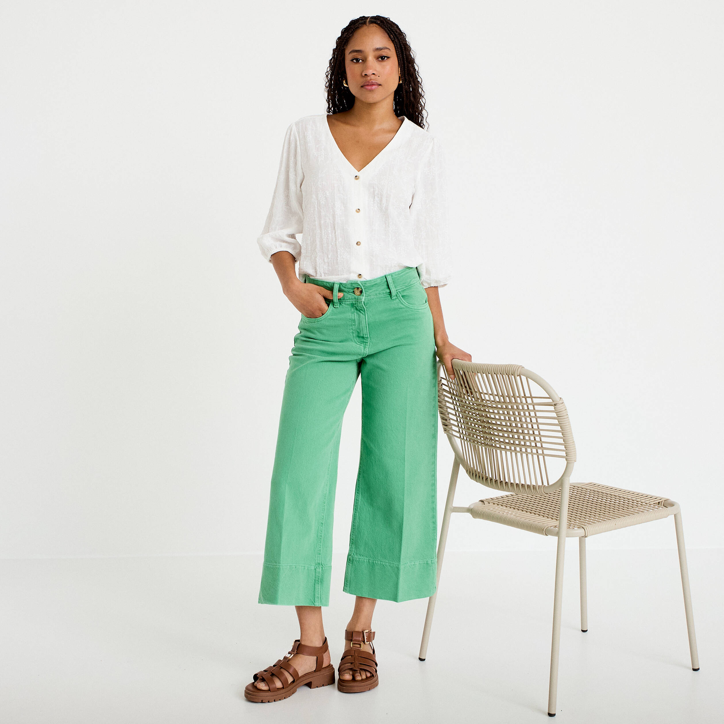 Pantalon bootcut 3/4 taille haute vert femme