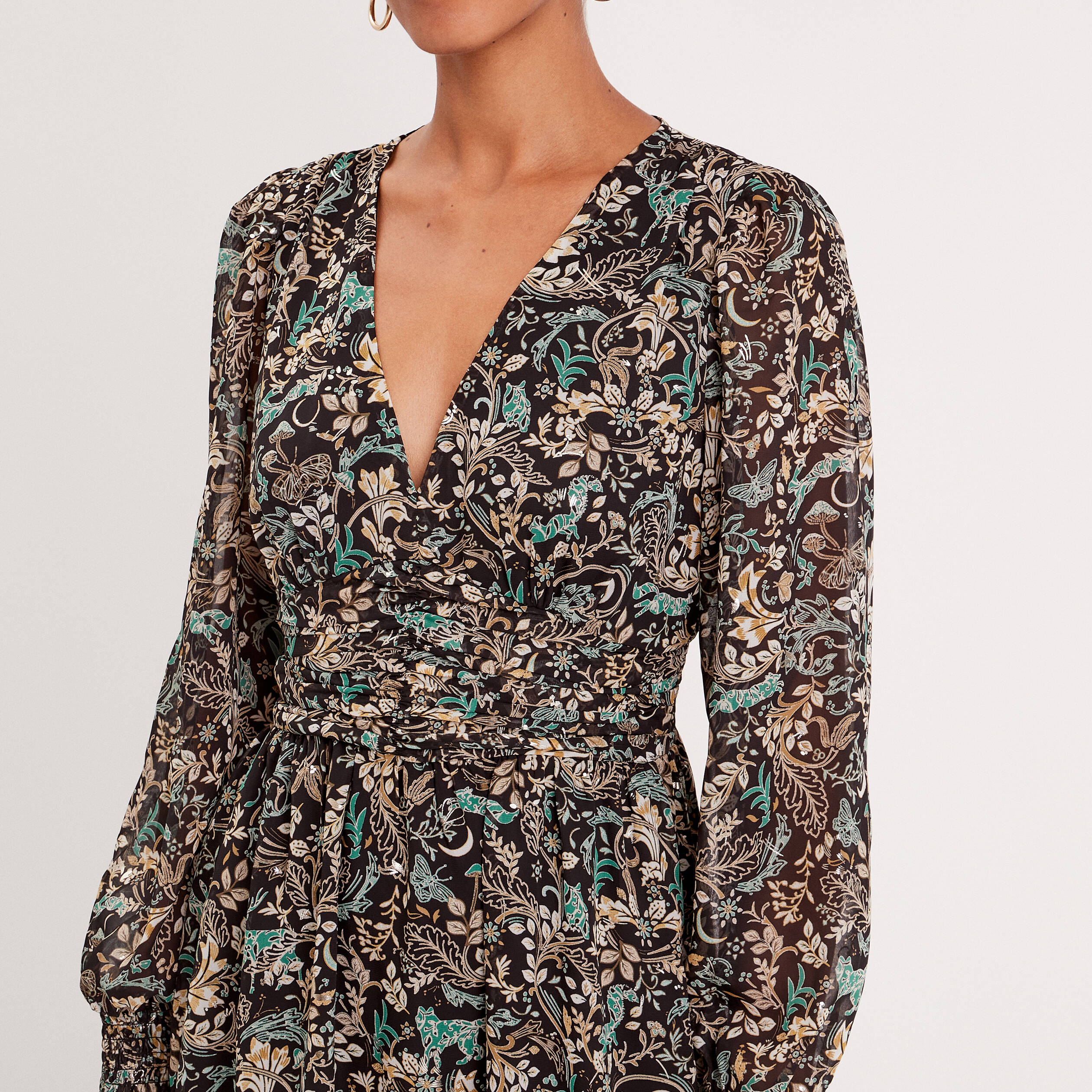 Robe midi évasée col en V noir femme