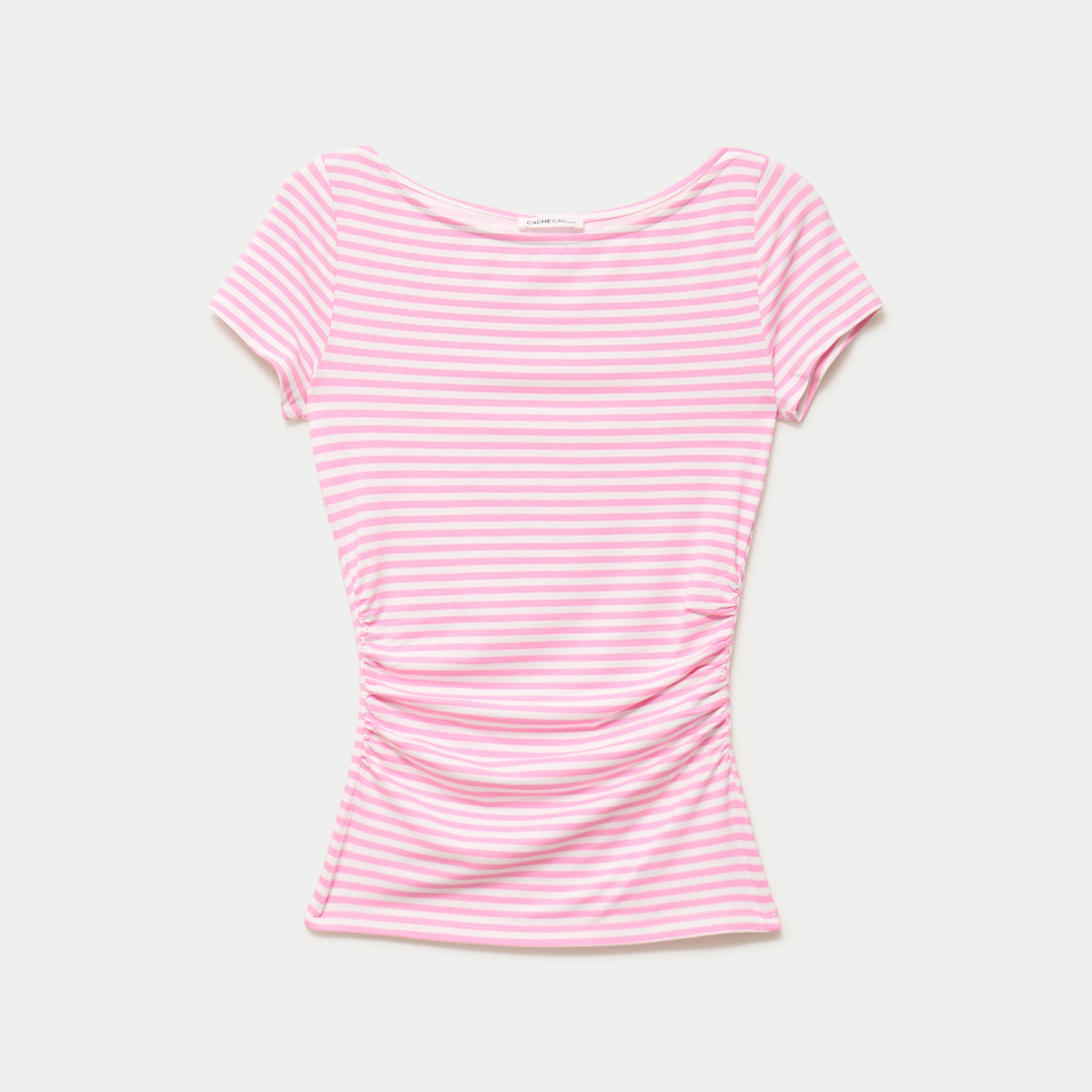 Top ajust&eacute; col bateau manches courtes rose clair femme