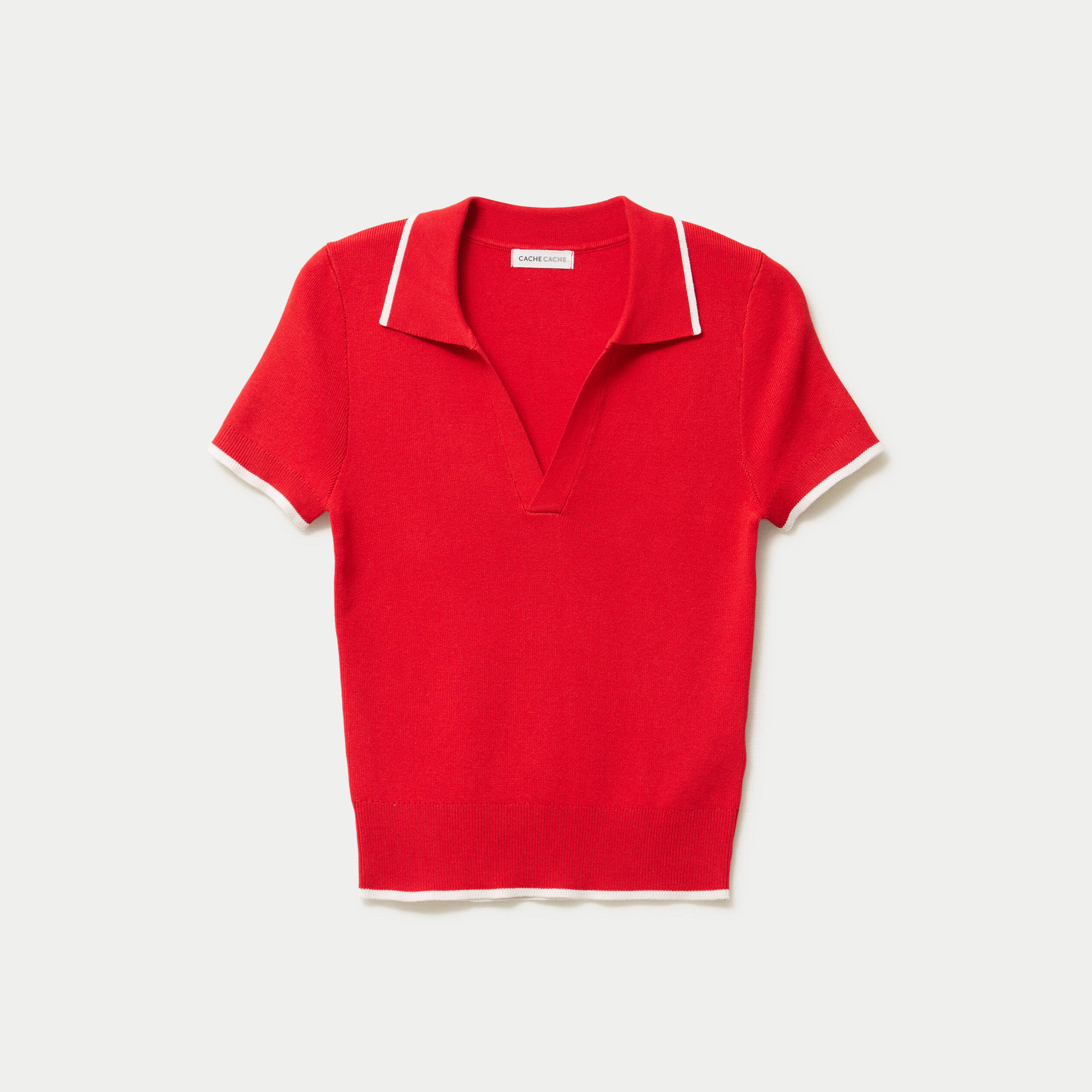Pull manches courtes col polo rouge femme