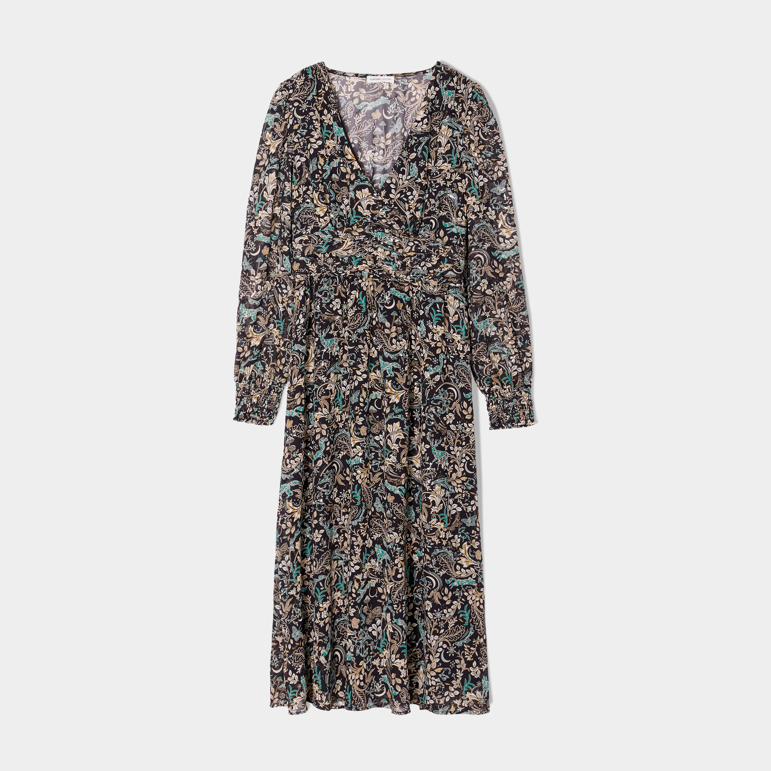 Robe midi évasée col en V noir femme