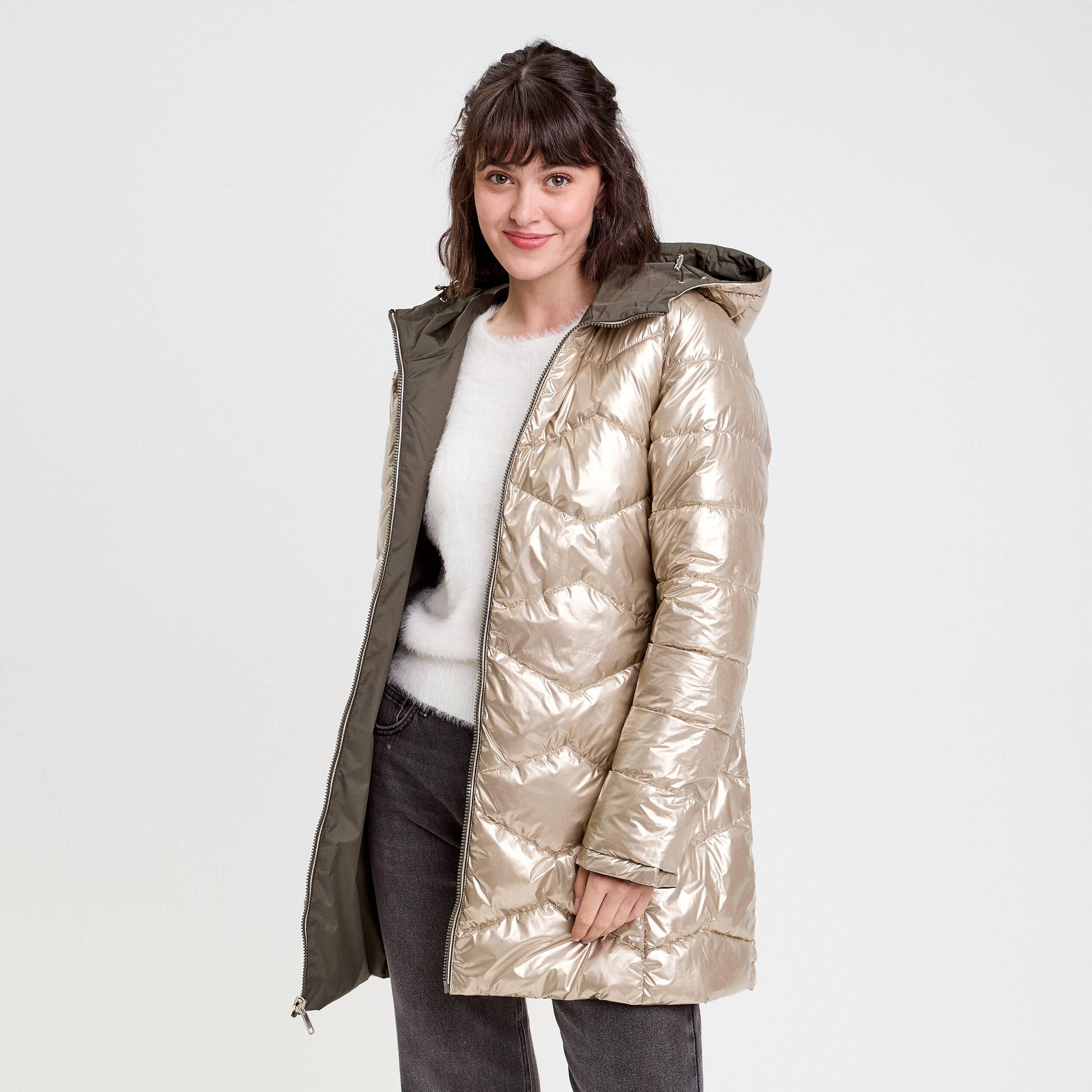 Parka à capuche réversible vert kaki femme Vibs