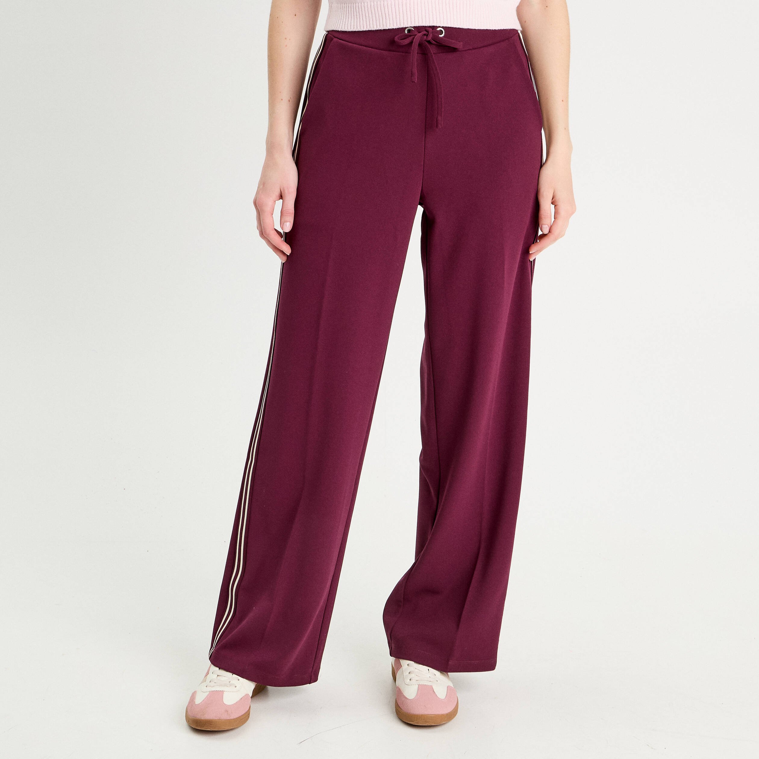 pantalon large avec bandes prune femme Pantalon large avec bandes prune femme