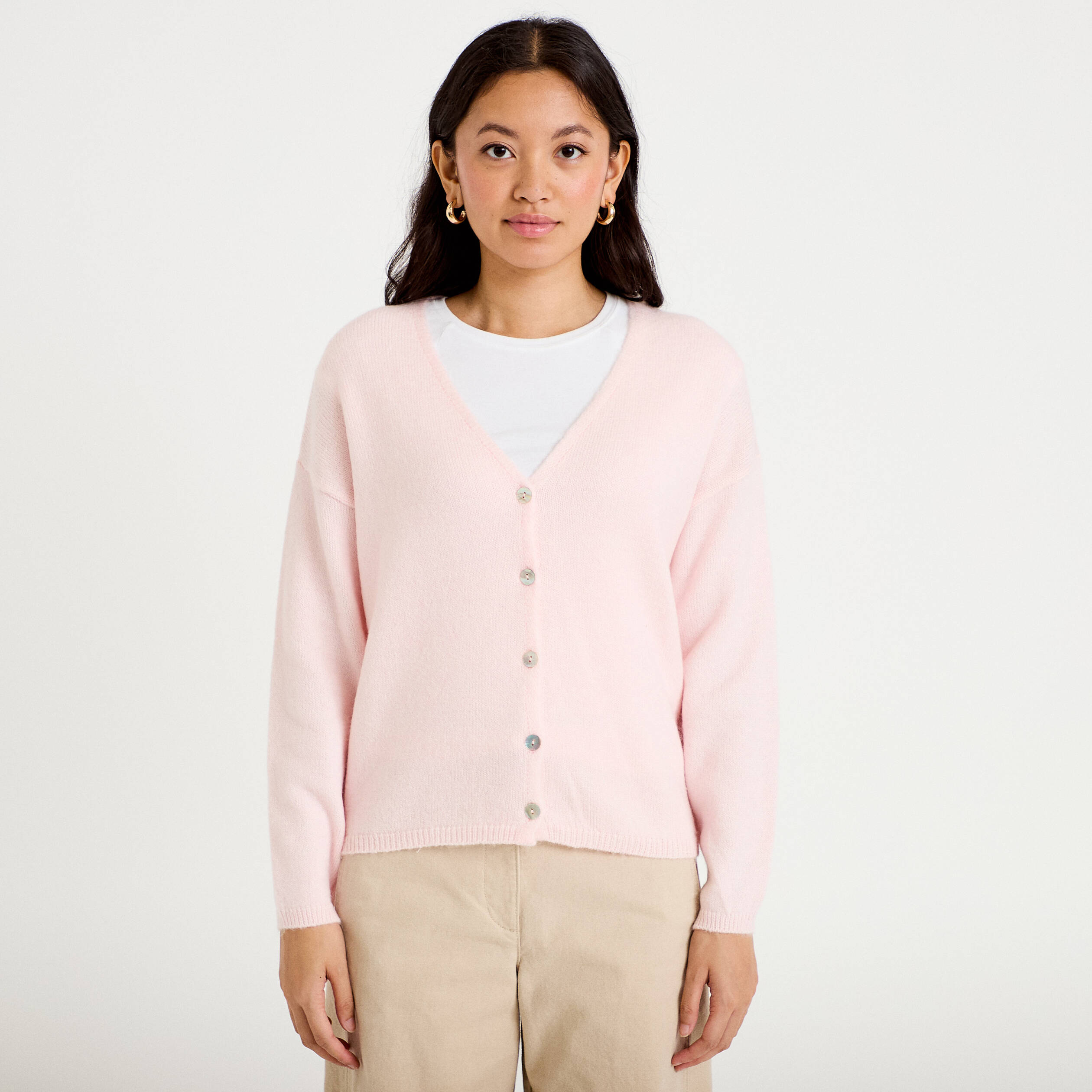 Gilet boutonn&eacute; avec col en V rose clair femme