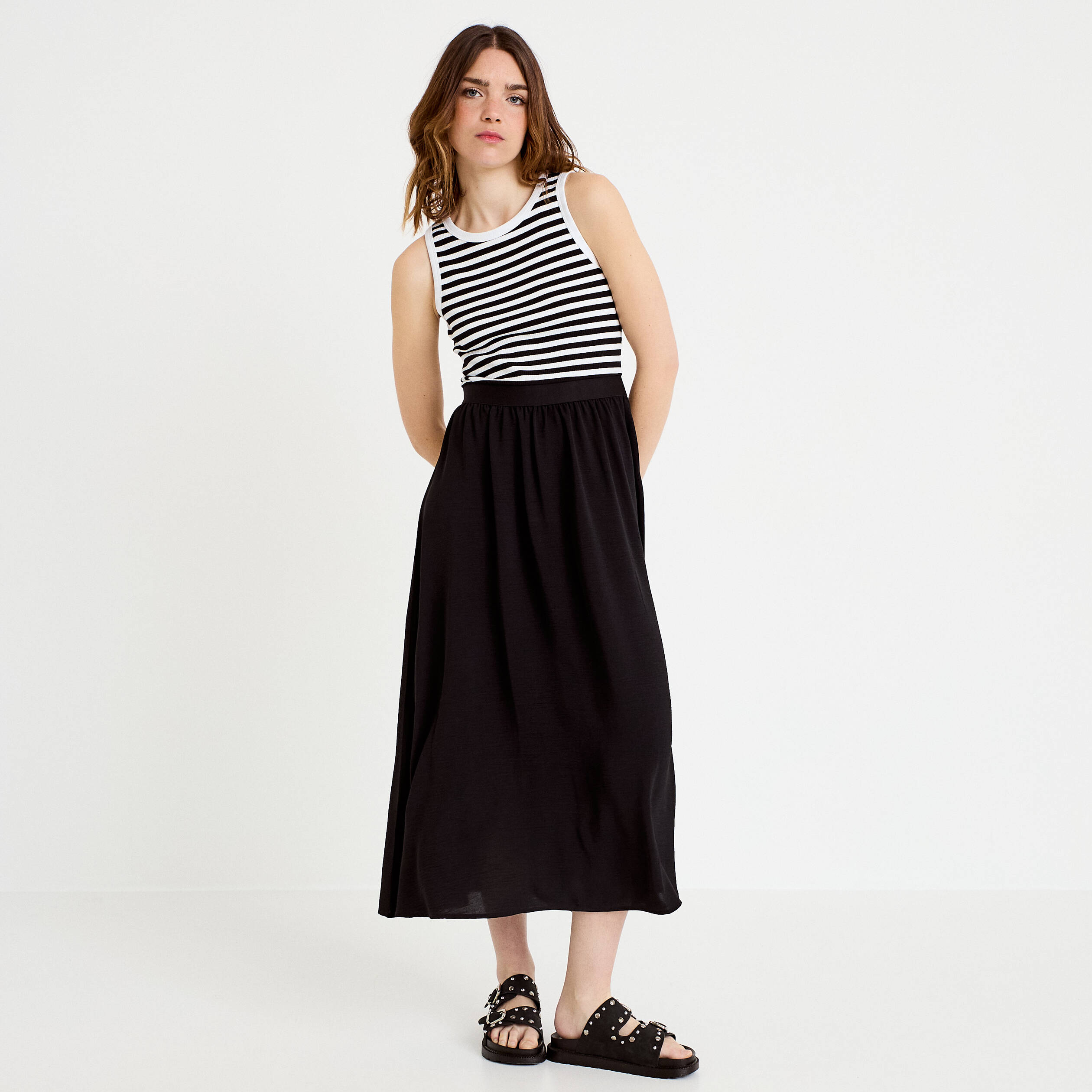 Robe longue effet 2-en-1 bleu marine femme