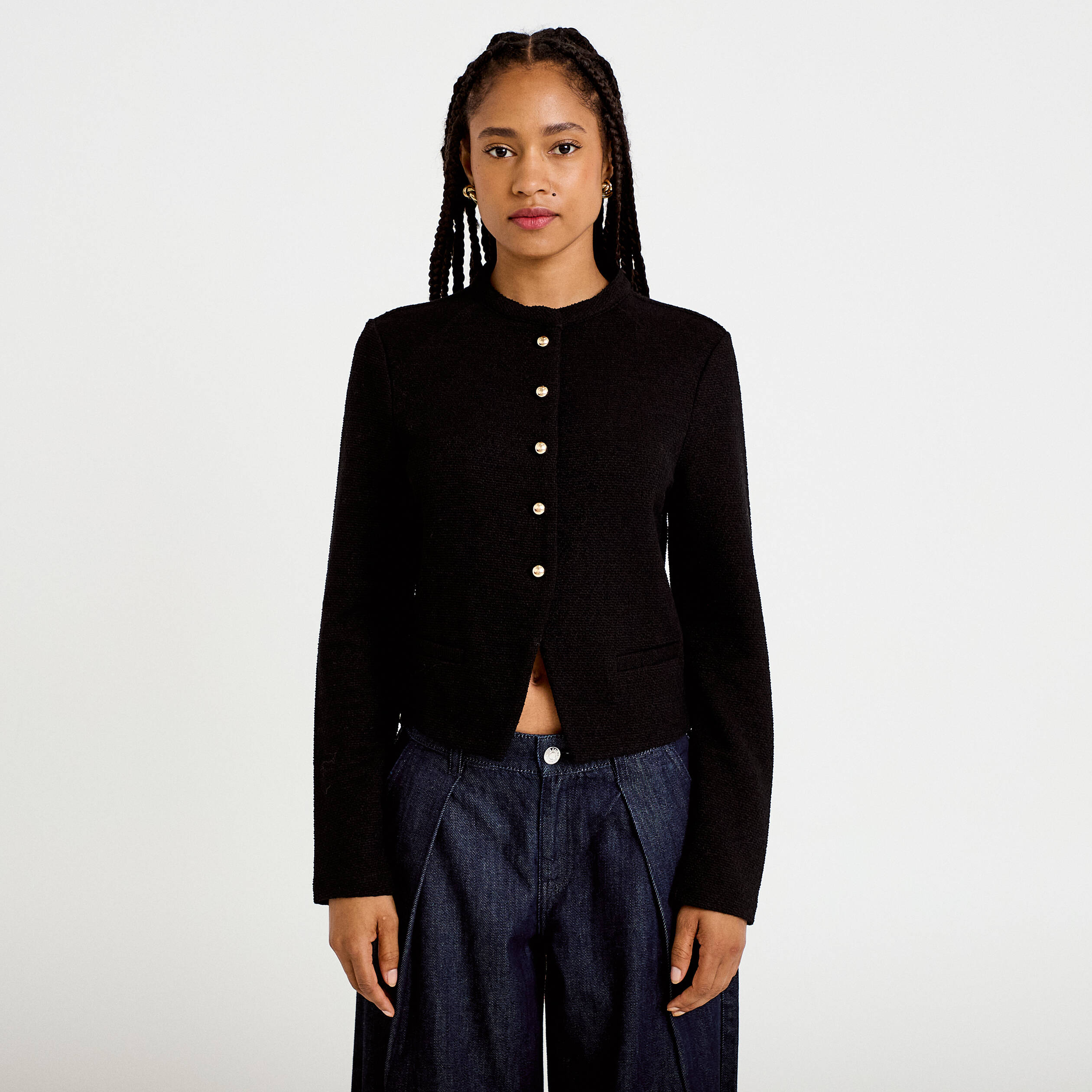 Gilet tweed droit cropped col rond noir femme