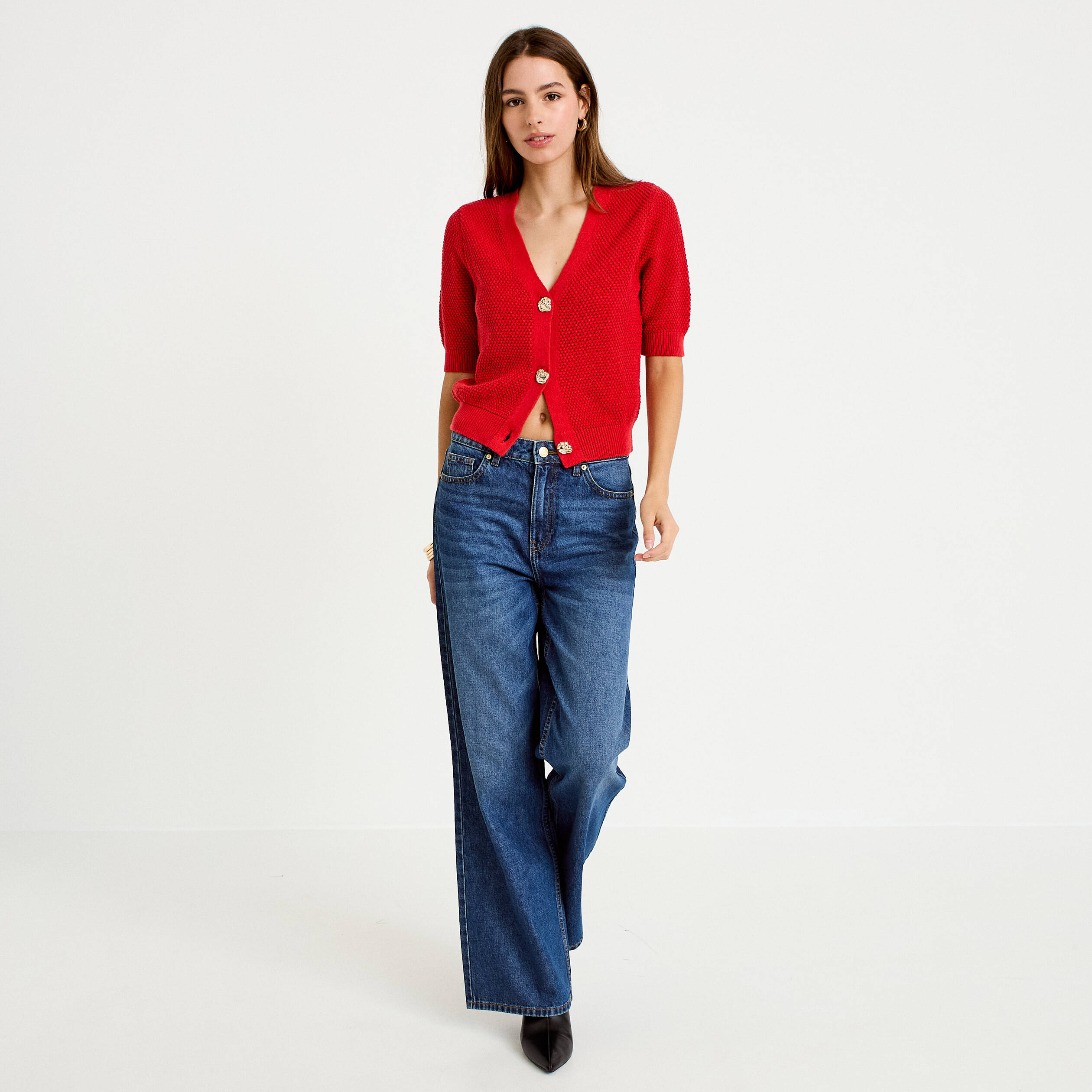 Gilet col v manches courtes rouge femme