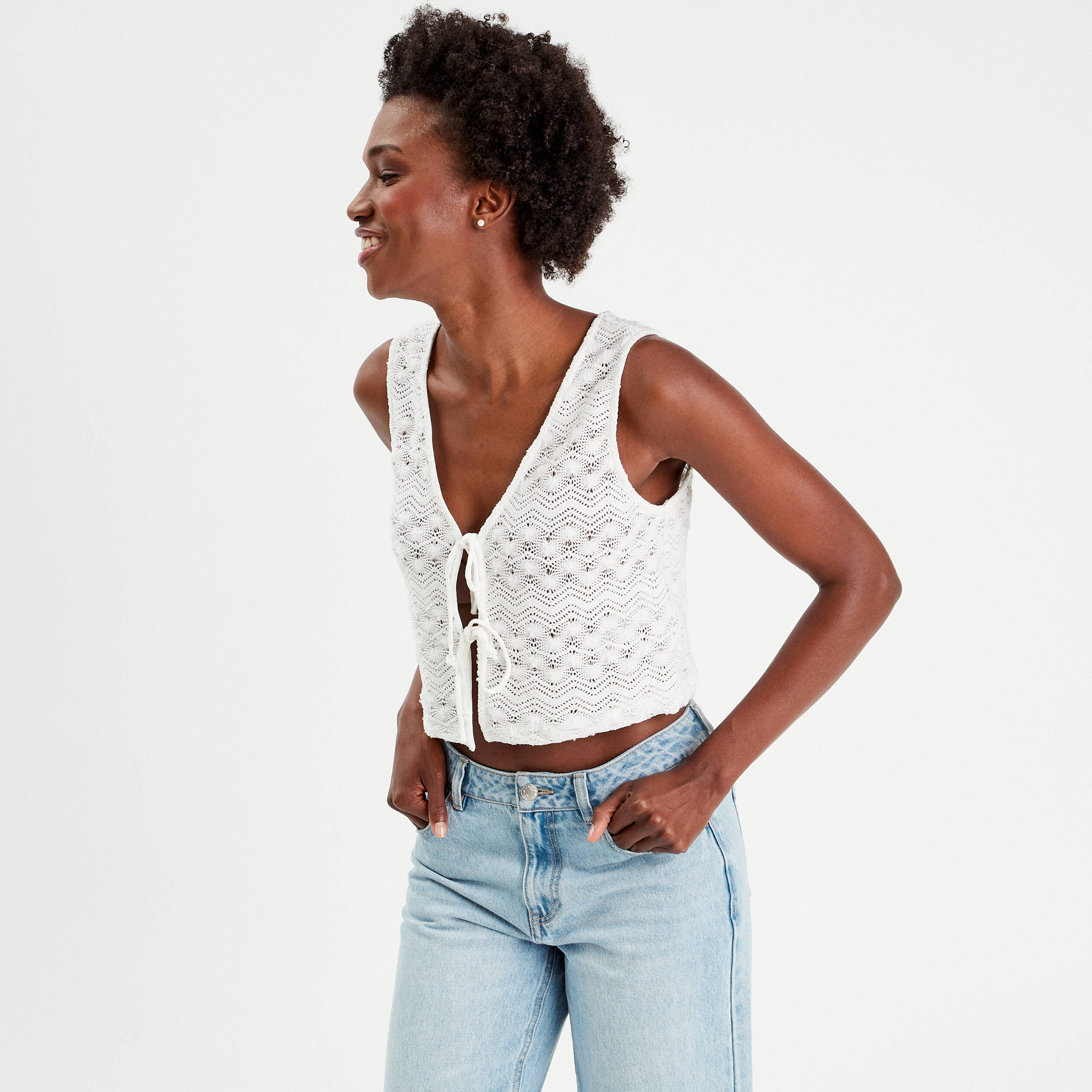 gilet cropped crochet ecru femme Gilet cropped crochet ecru femme