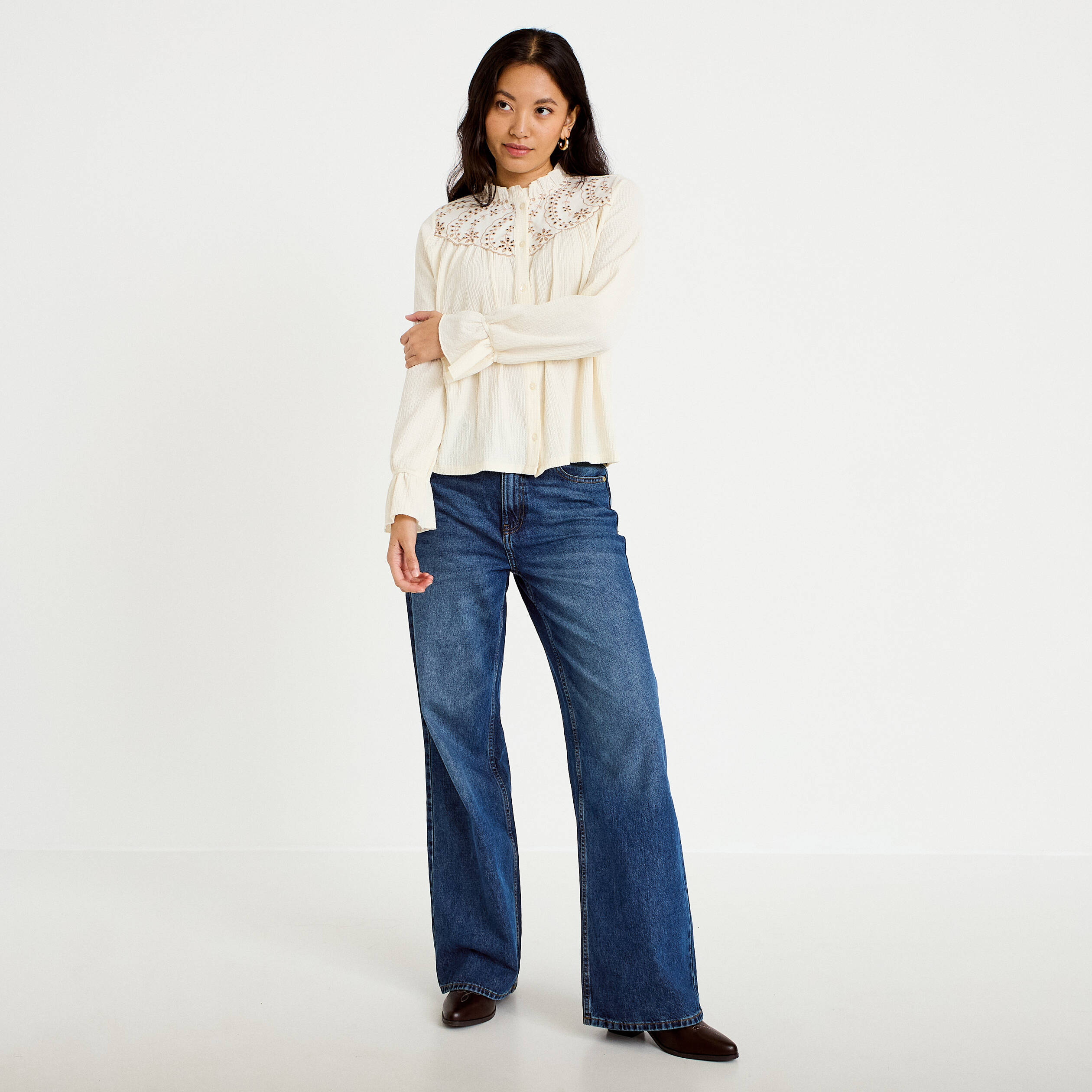 Blouse droite manches longues pliss&eacute;e ivoire femme