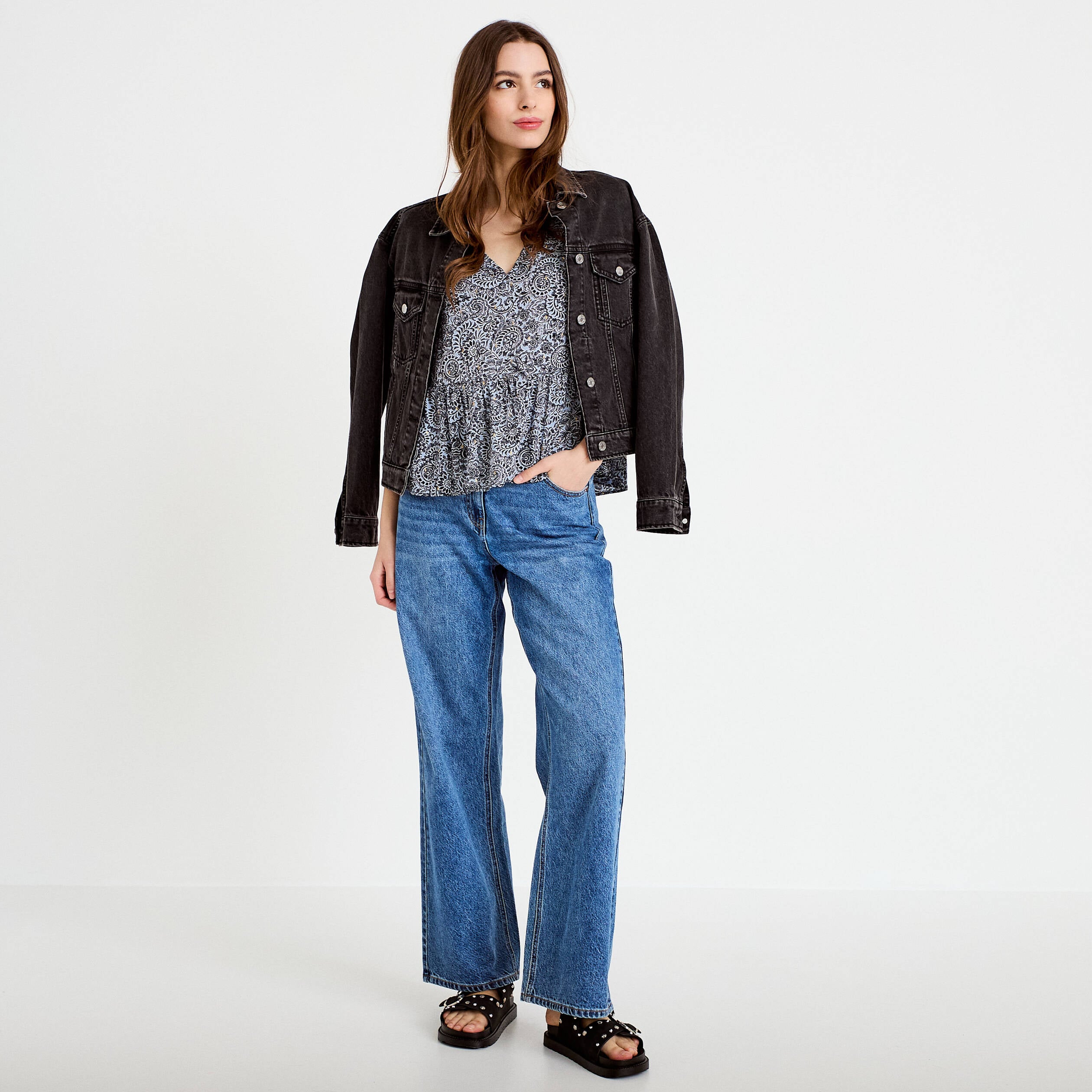 Blouse sans manches col v bleu femme