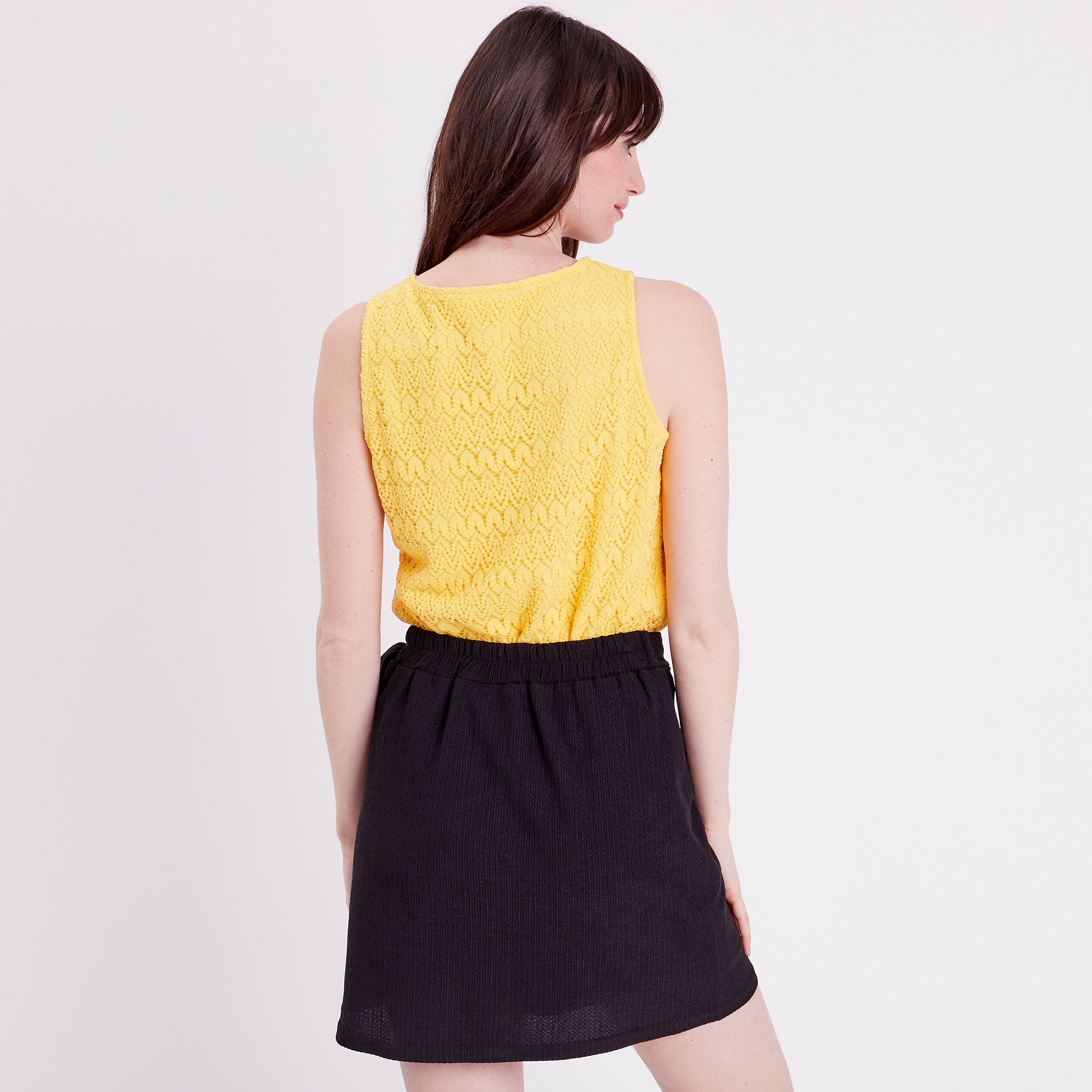 debardeur aspect crochet jaune pastel femme Débardeur aspect crochet jaune pastel femme