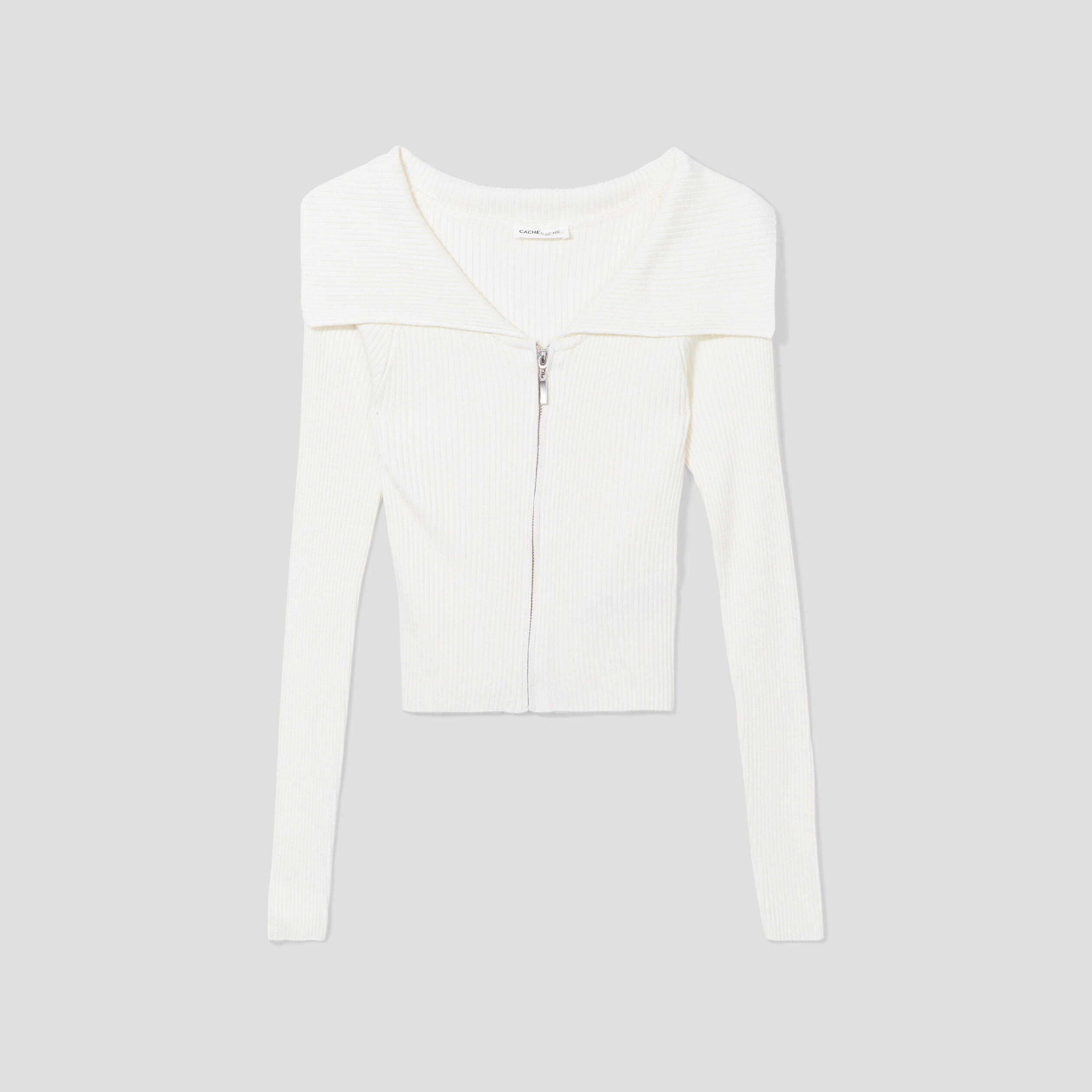 gilet cropped zippe col bardot ecru femme Gilet cropped zippé col bardot ecru femme