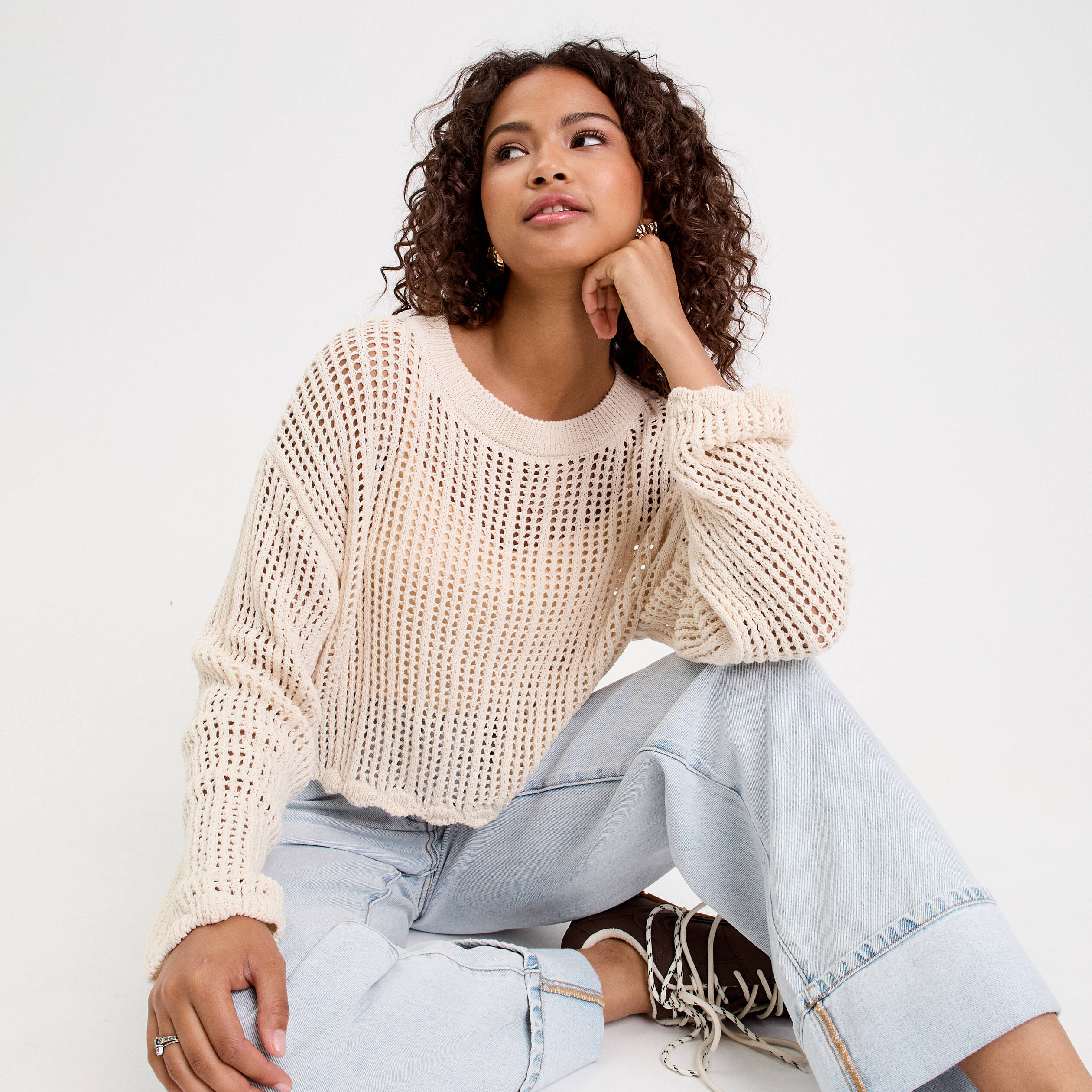 pull ajoure col rond manches longues ecru femme Pull ajouré col rond manches longues ecru femme