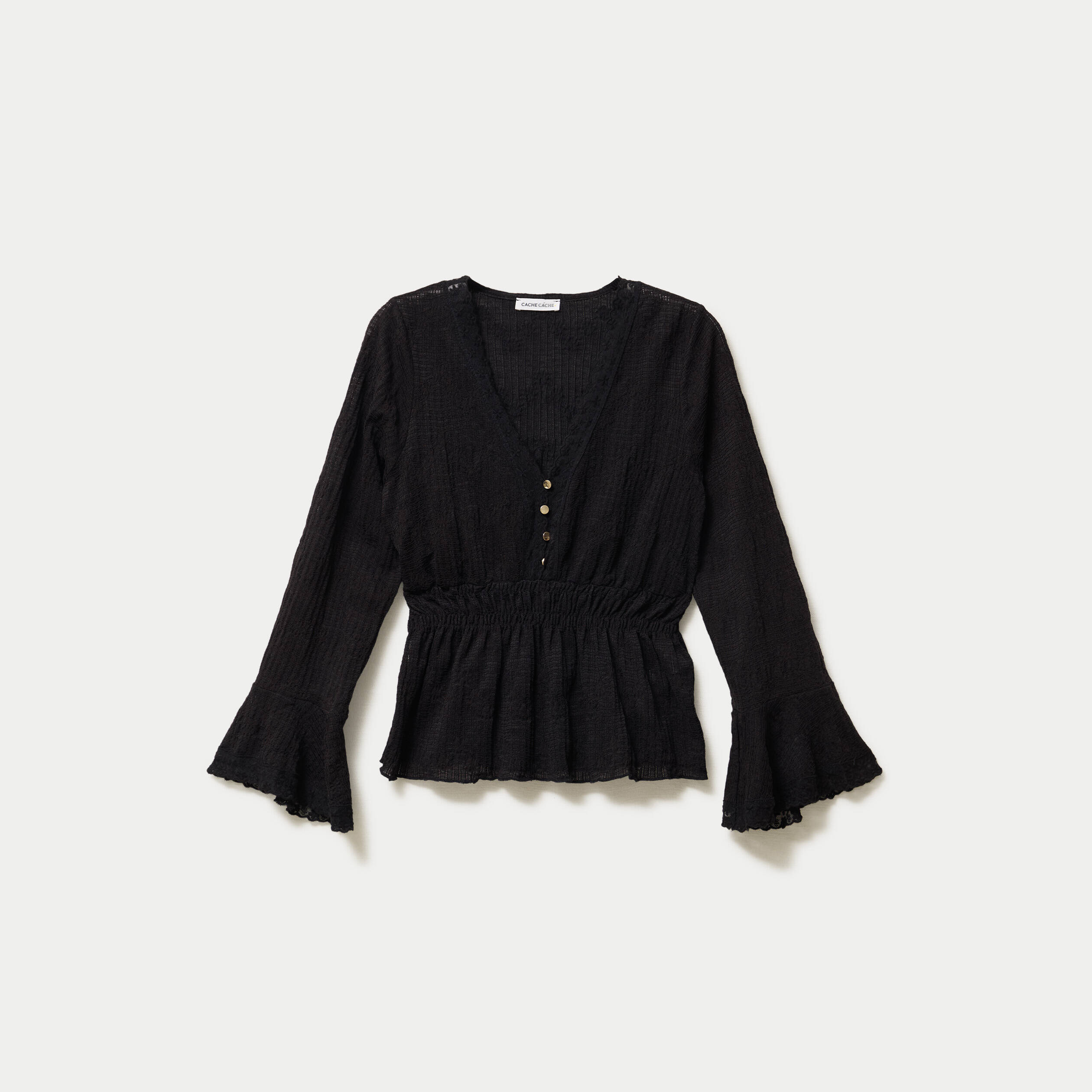 Blouse ajust&eacute;e col v manches longues noir femme
