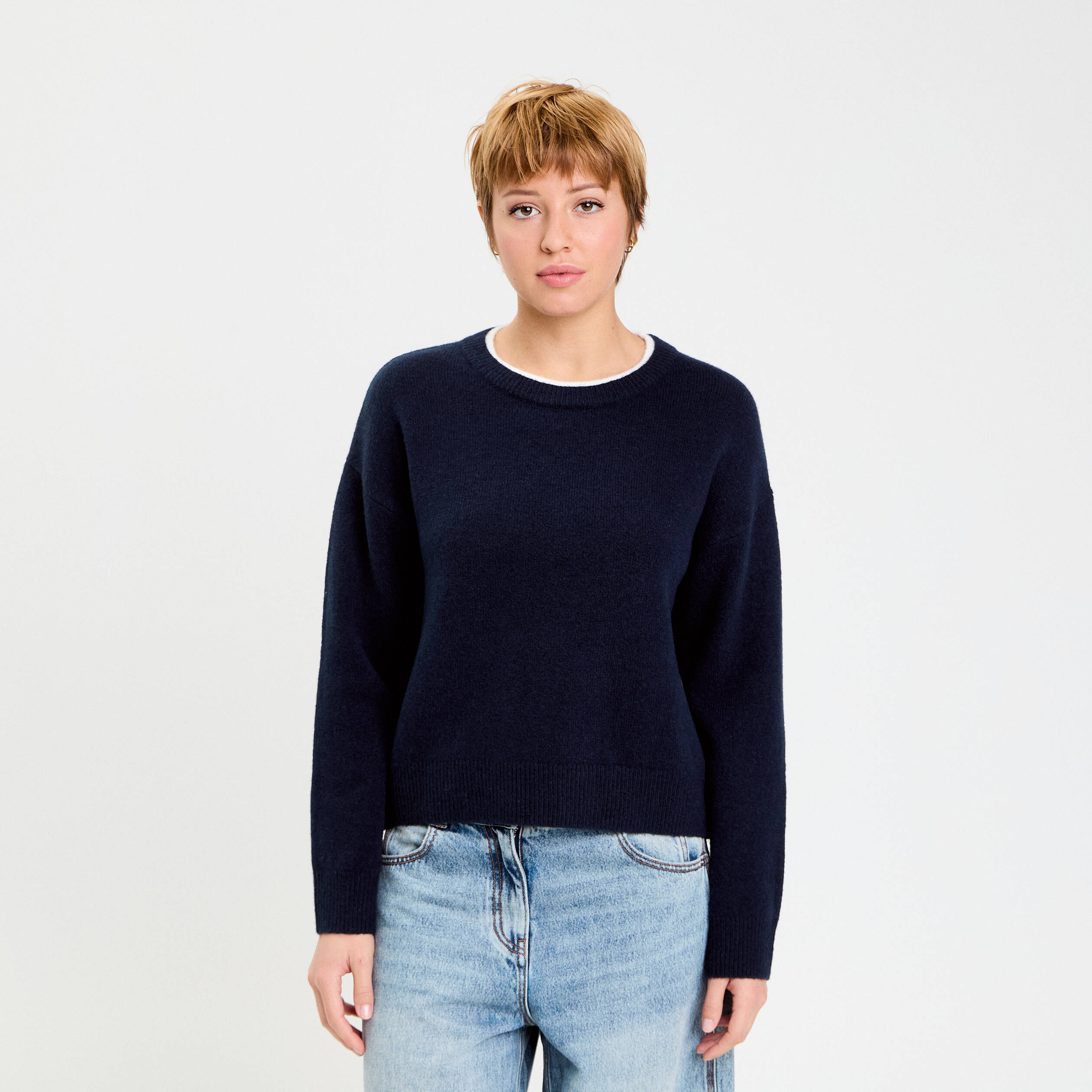 Pull col rond manches longues bleu marine femme