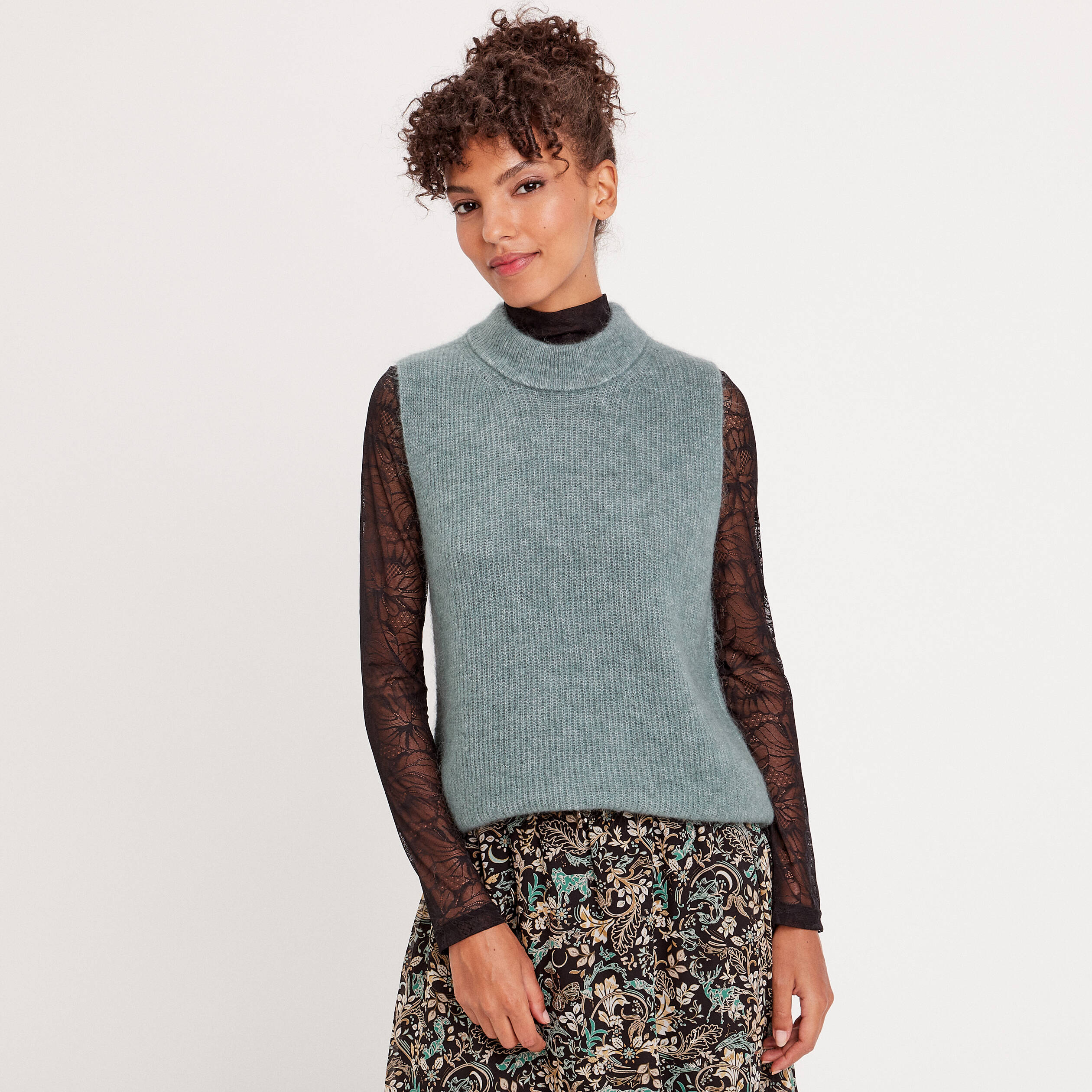 pull sans manches col roule vert fonce femme Pull sans manches col roulé vert foncé femme
