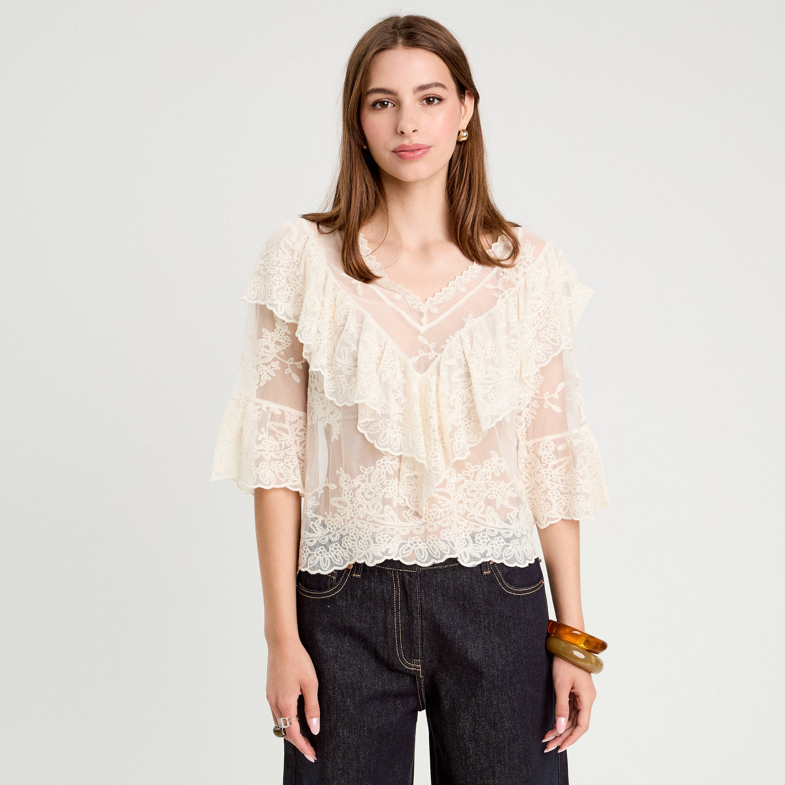 blouse manches 34 dentelle ecru femme Blouse manches 3/4 dentelle ecru femme