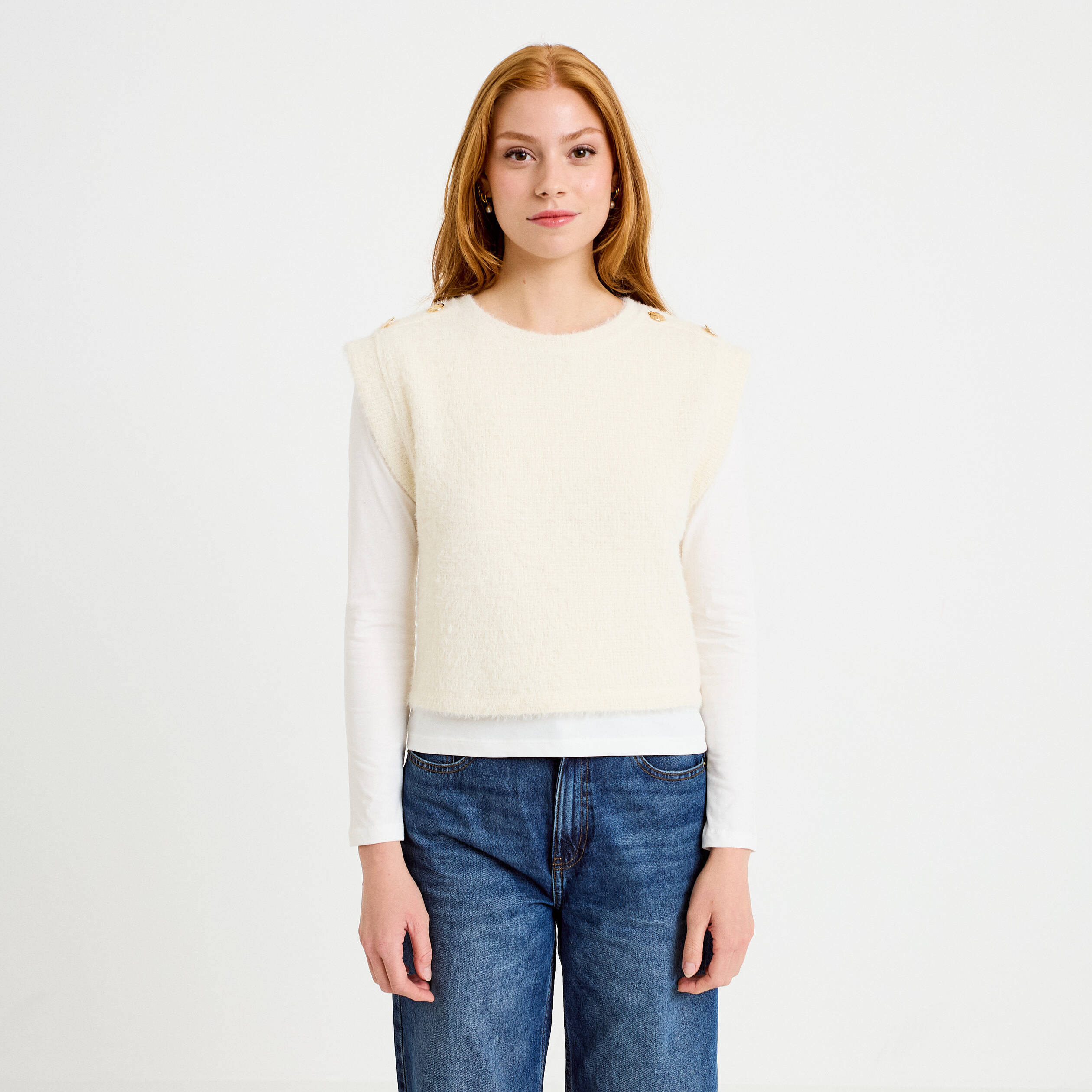 Pull 2-en-1 manches longues col rond ecru femme