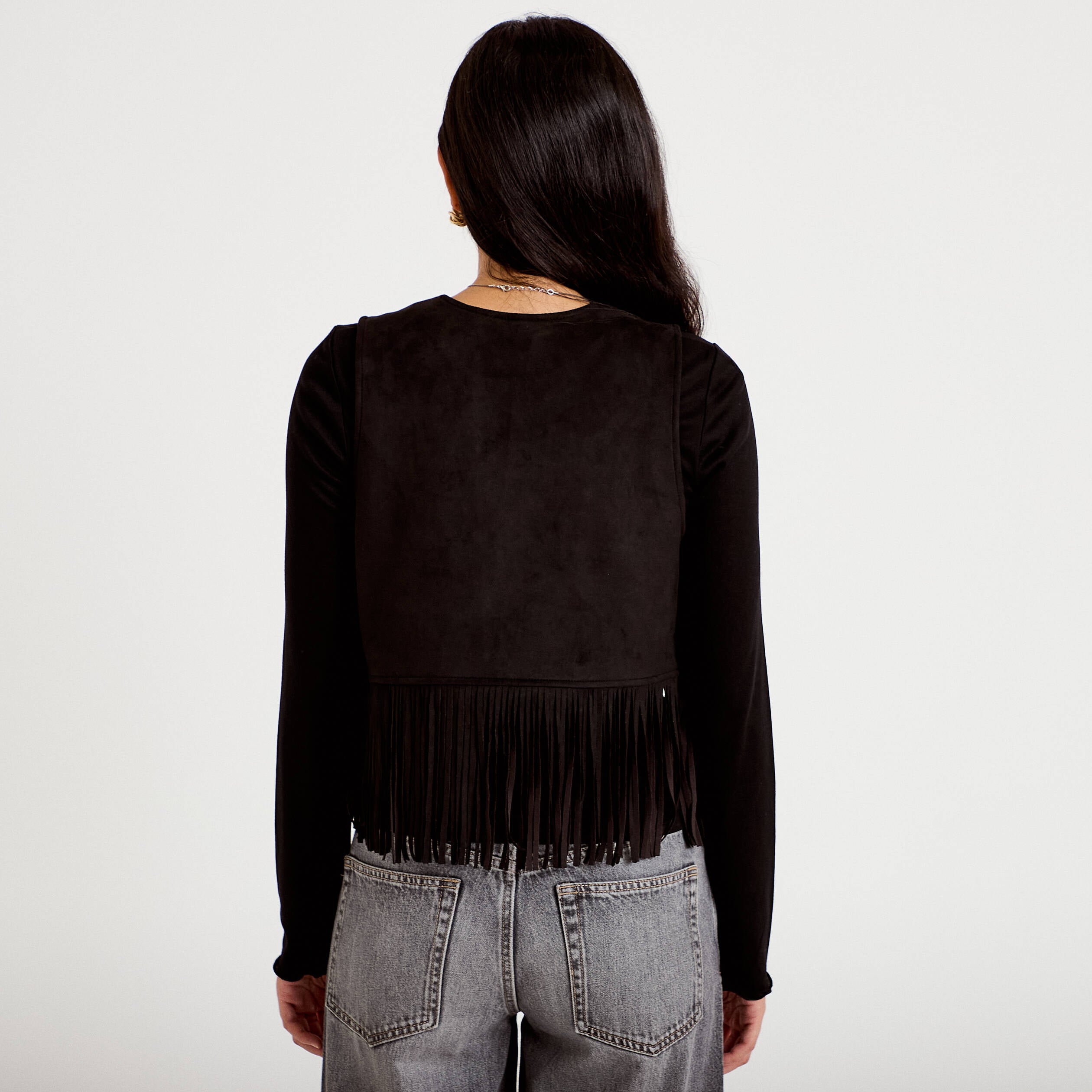Gilet droit sans manches aspect daim noir femme