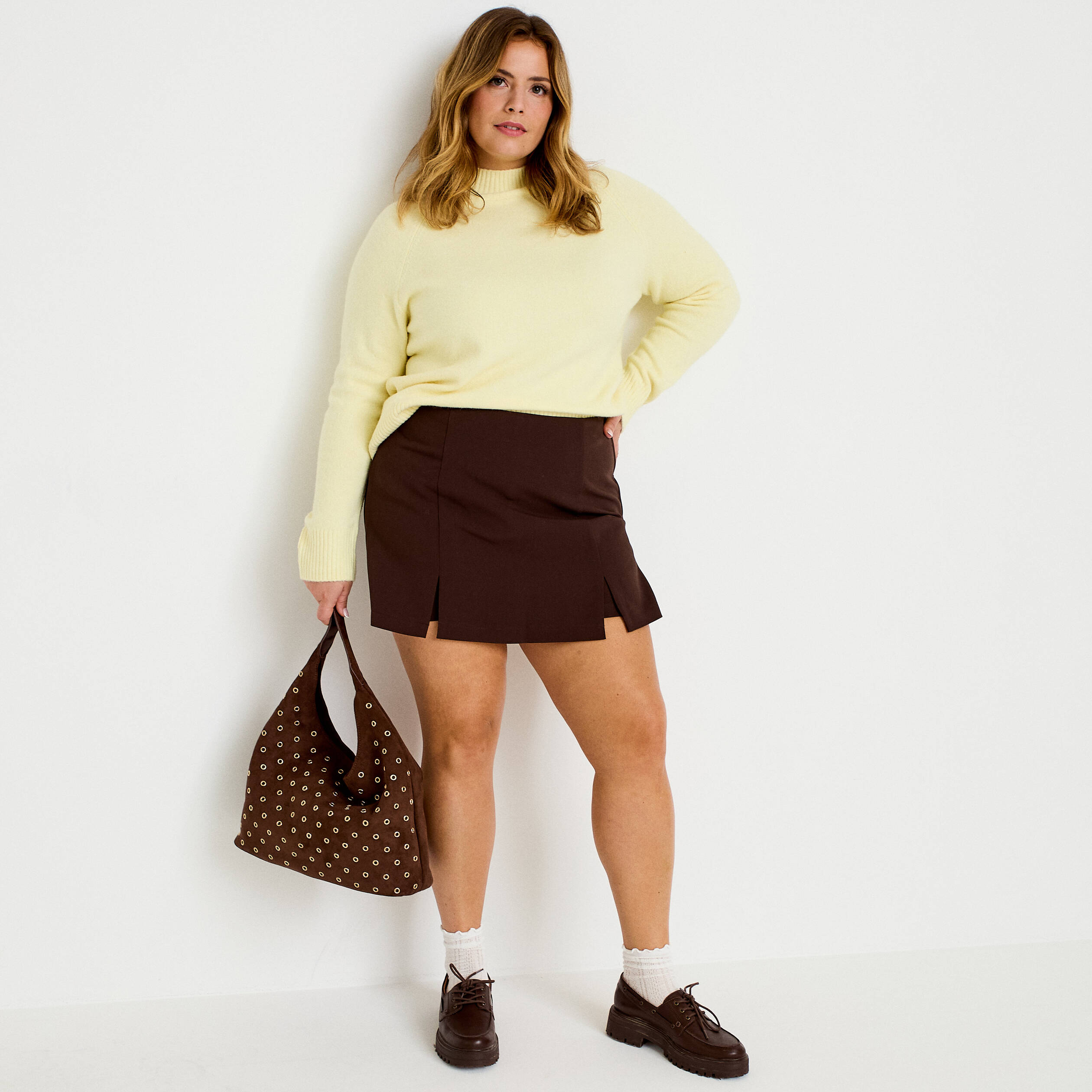 Pull col montant manches longues jaune clair femme
