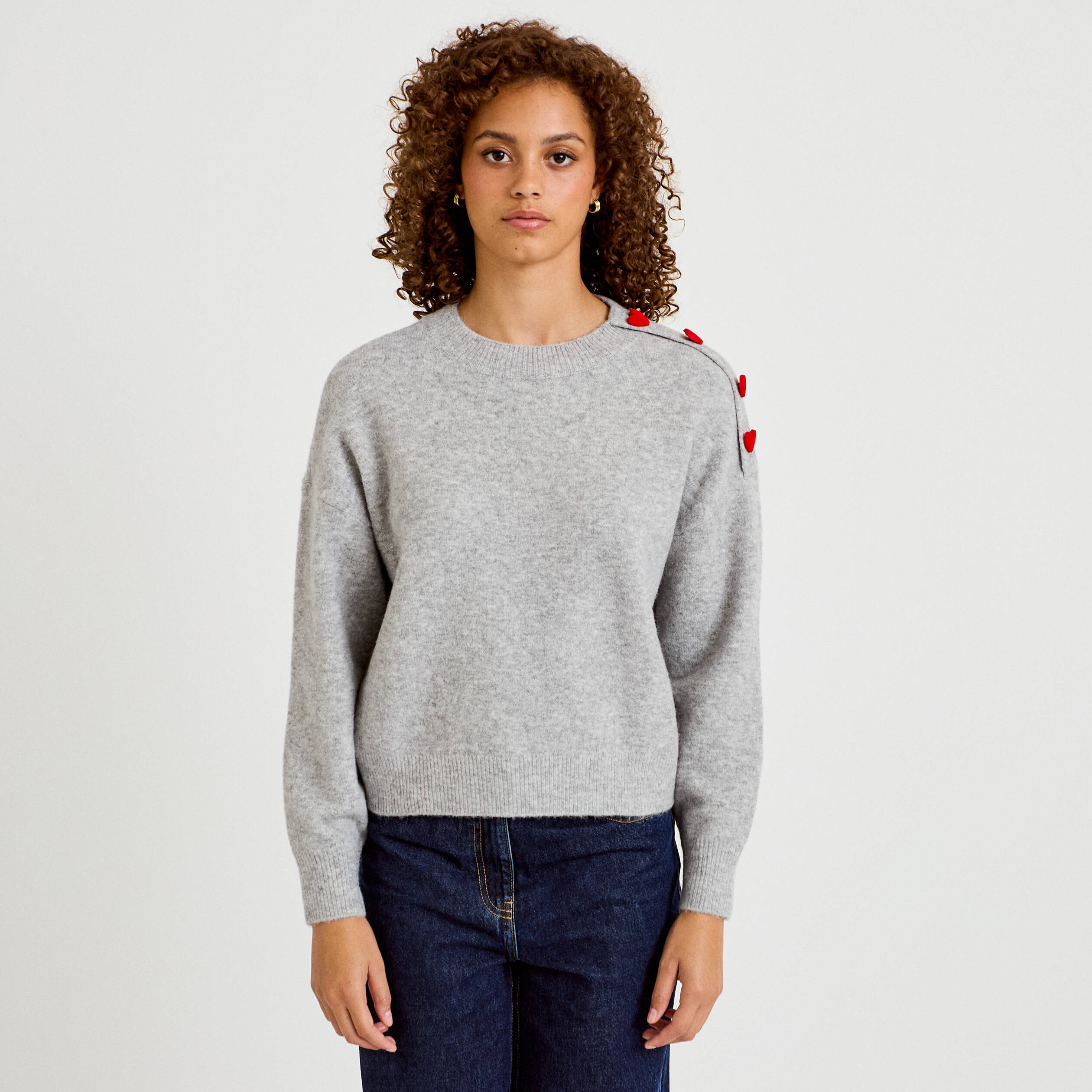 Pull ample col rond manches longues gris clair femme