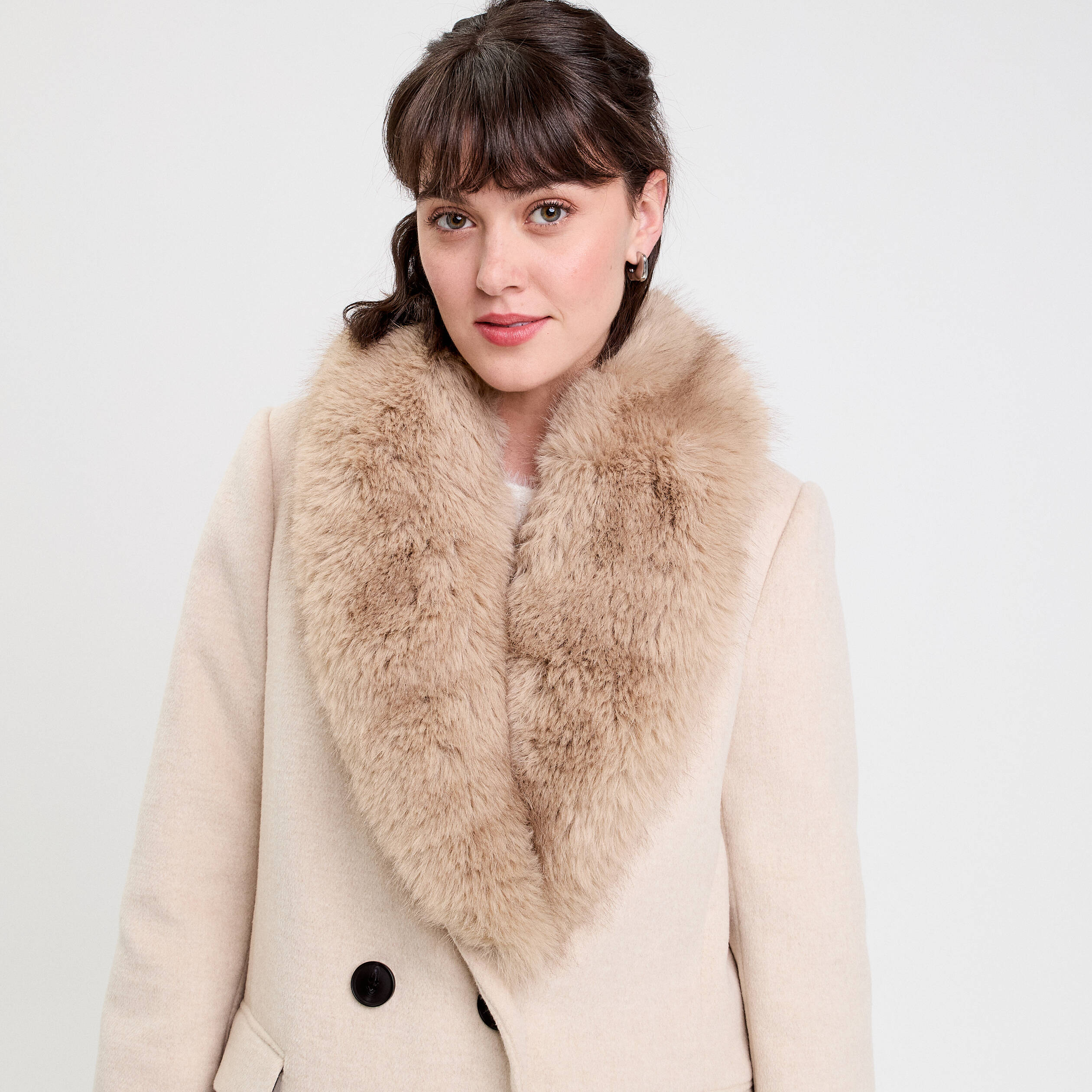 Manteau col fausse fourrure beige femme Vibs