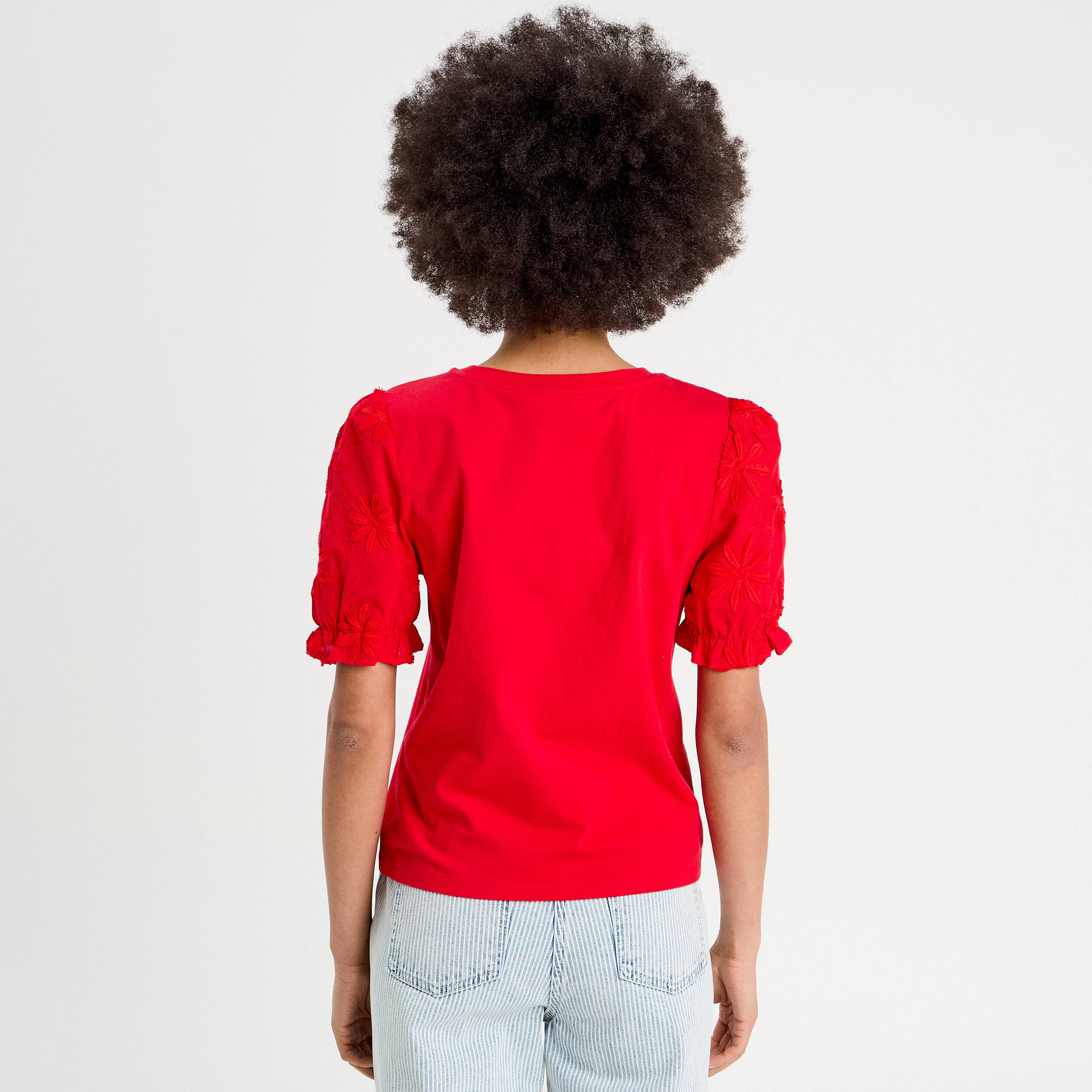 t shirt manches brodees rouge femme T-shirt manches brodées rouge femme