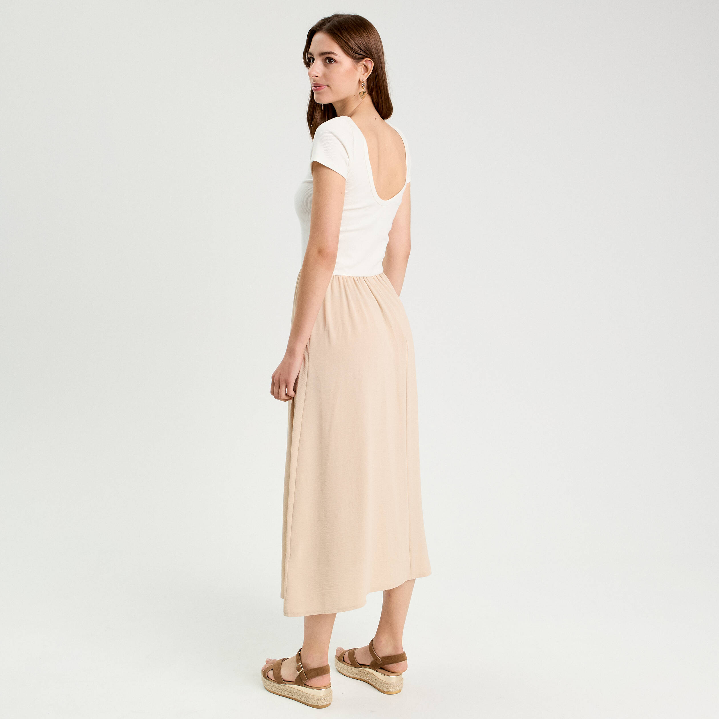 robe longue evasee 2 en 1 beige femme Robe longue évasée 2-en-1 beige femme