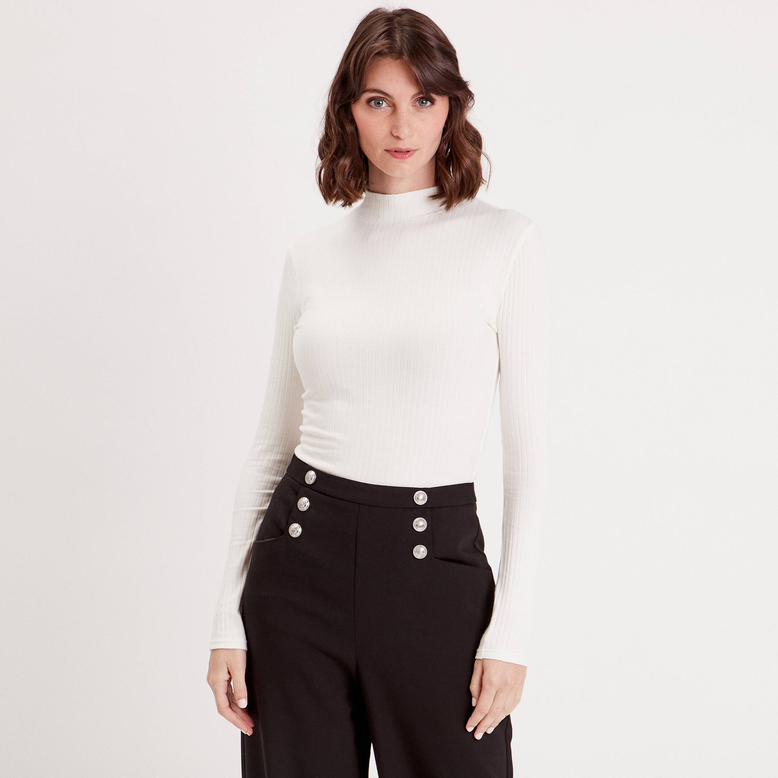 T-shirt côtelé col montant ecru femme