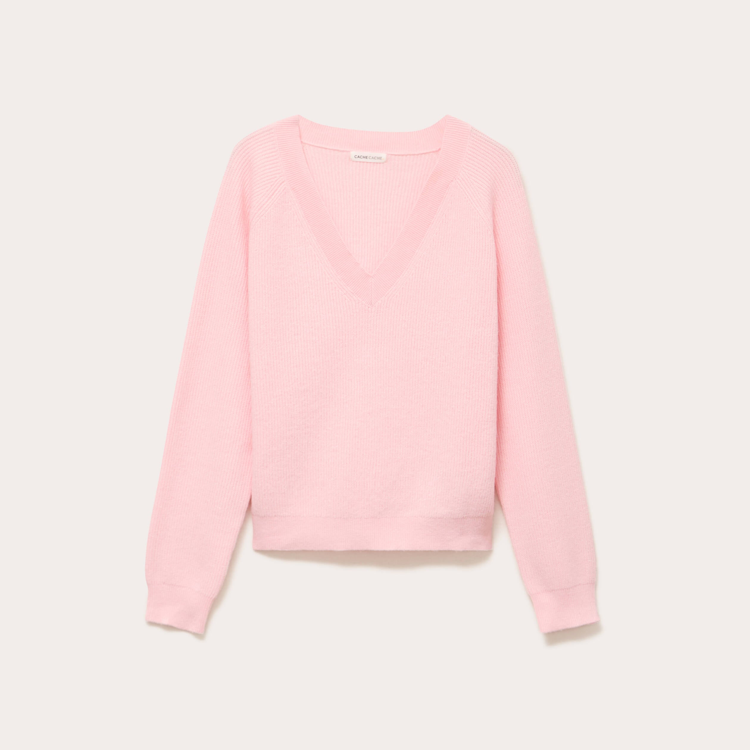 Pull fin col v rose clair femme