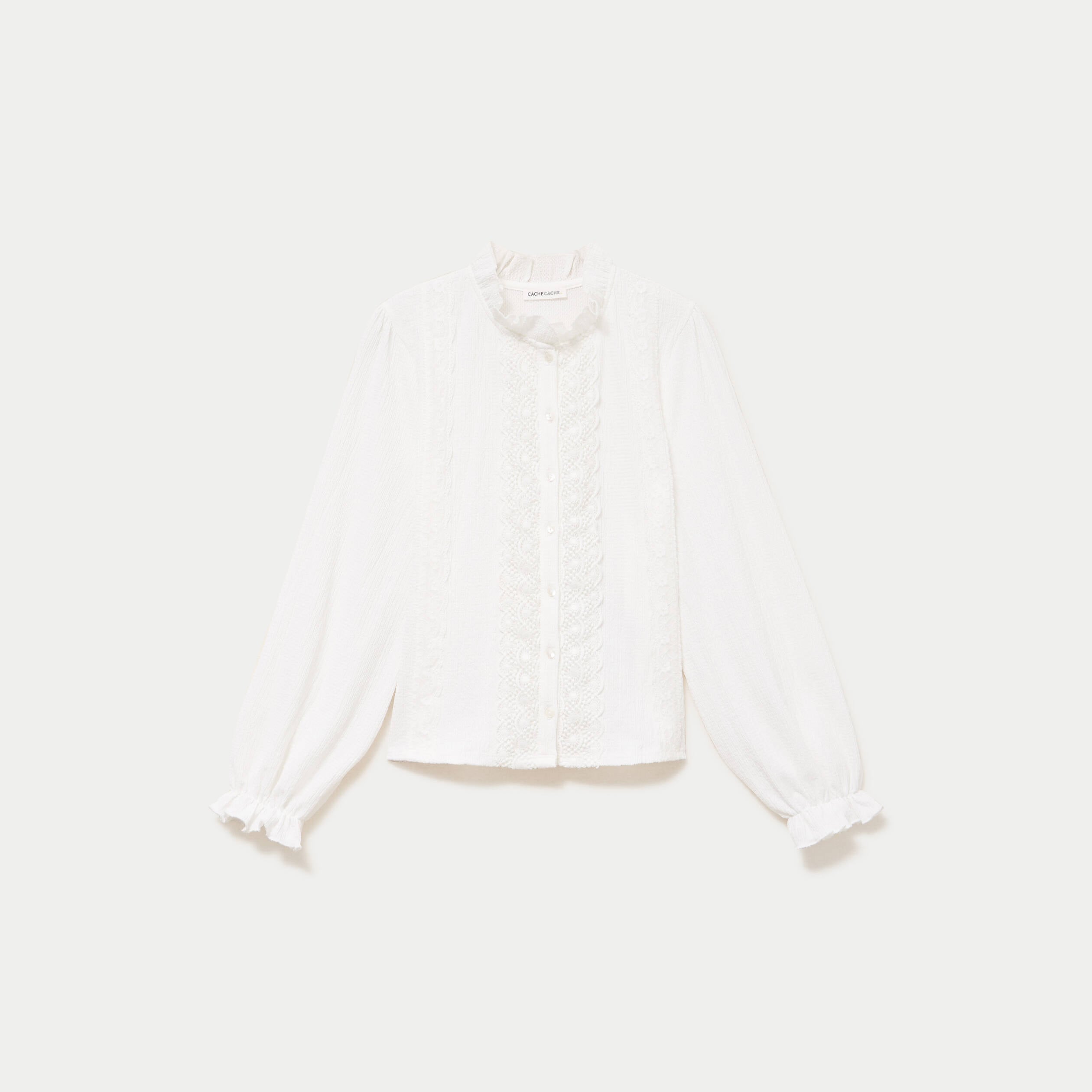 Blouse droite col montant dentelle ecru femme
