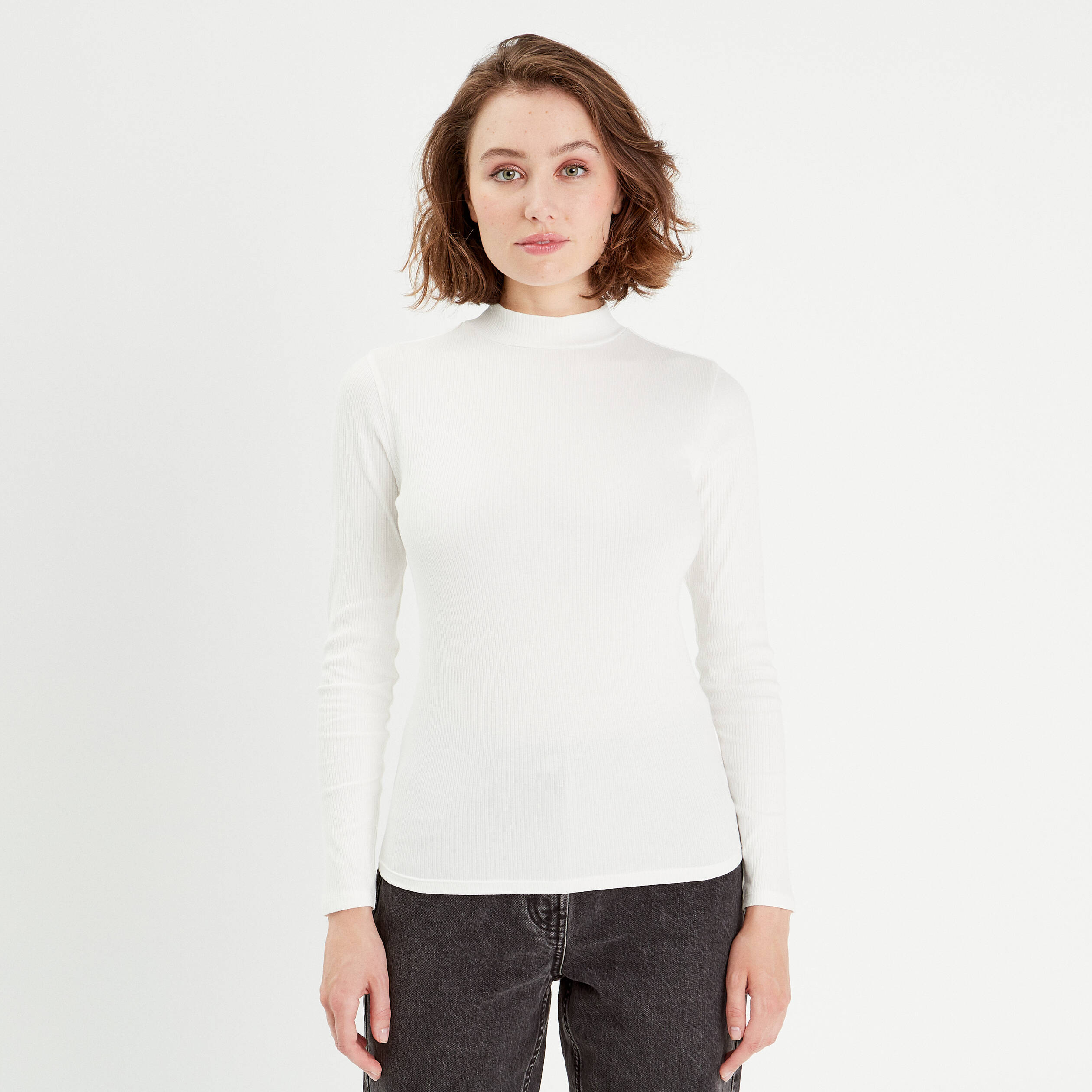 t shirt manches longues cotele ecru femme T-shirt manches longues côtelé ecru femme