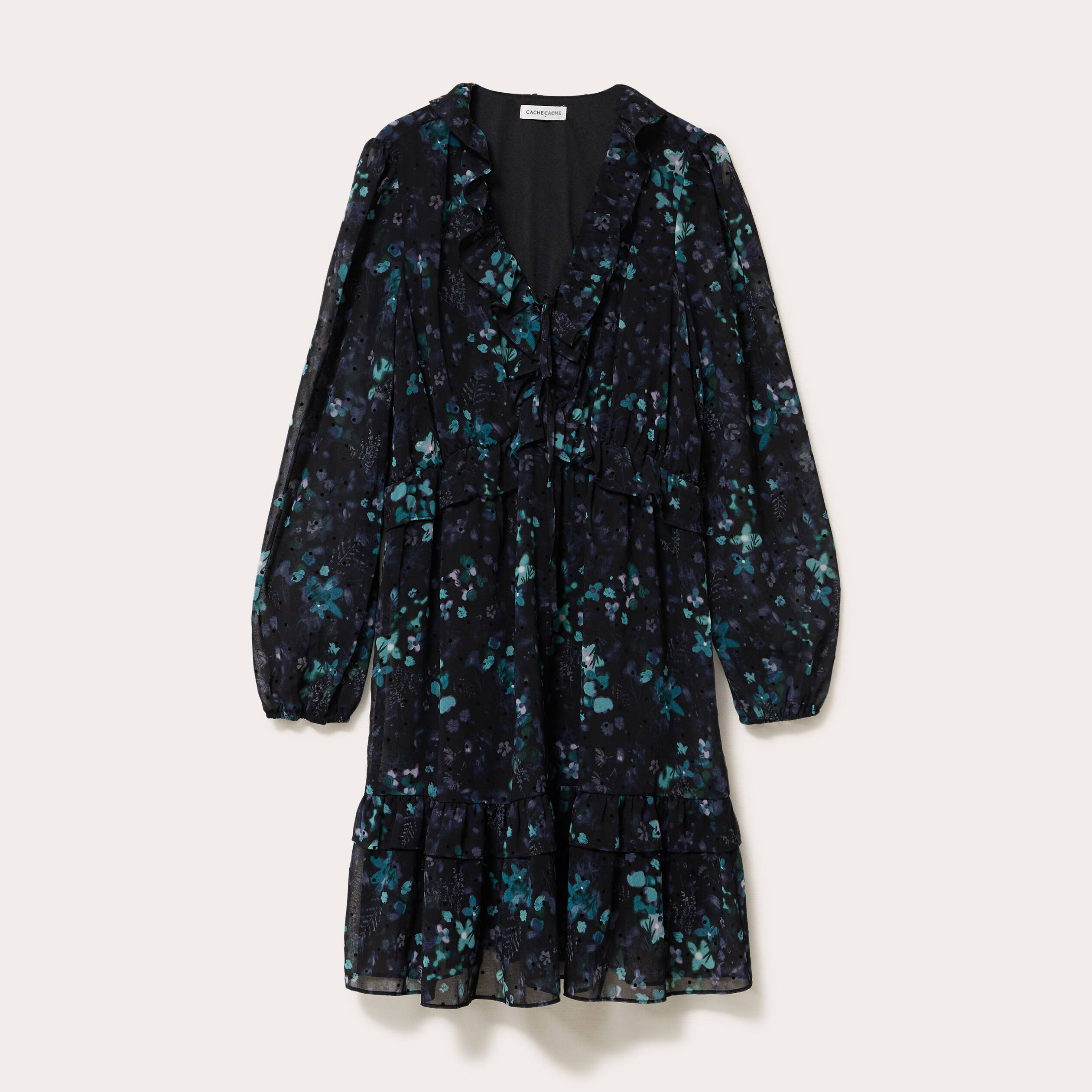 Robe courte &eacute;vas&eacute;e col V manches longues noir femme