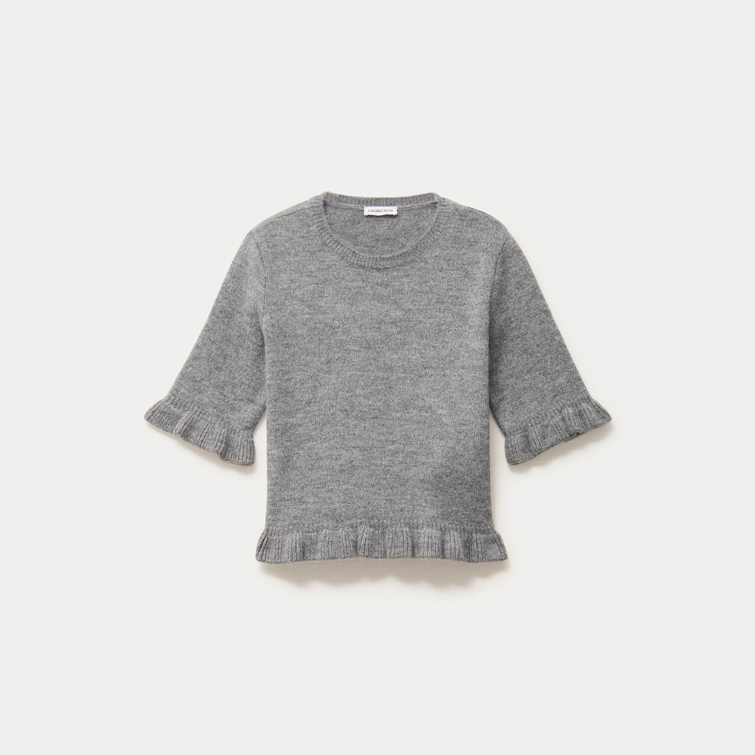 Pull col rond manches courtes gris clair femme