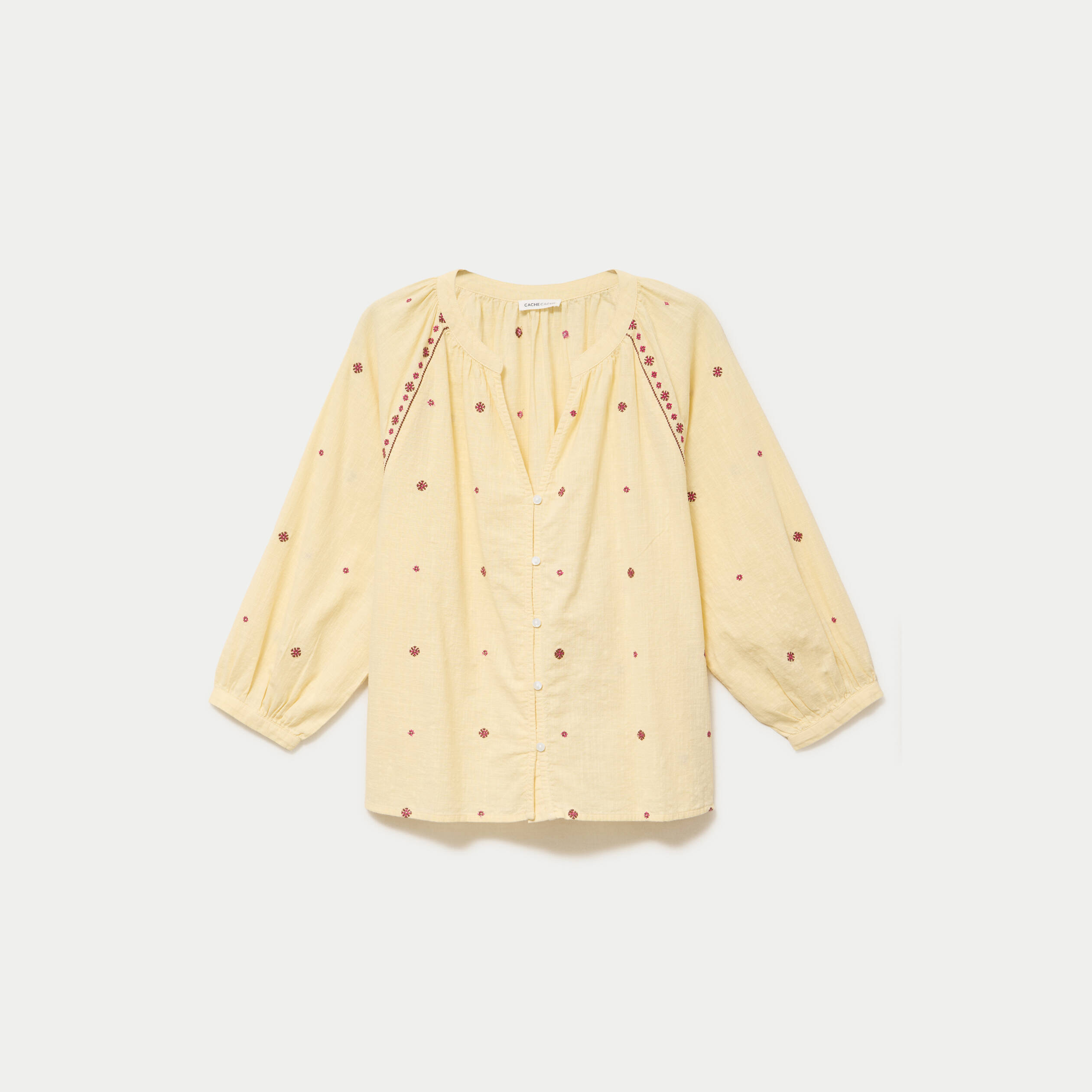 Blouse ample col tunisien manches 3/4 jaune pastel femme
