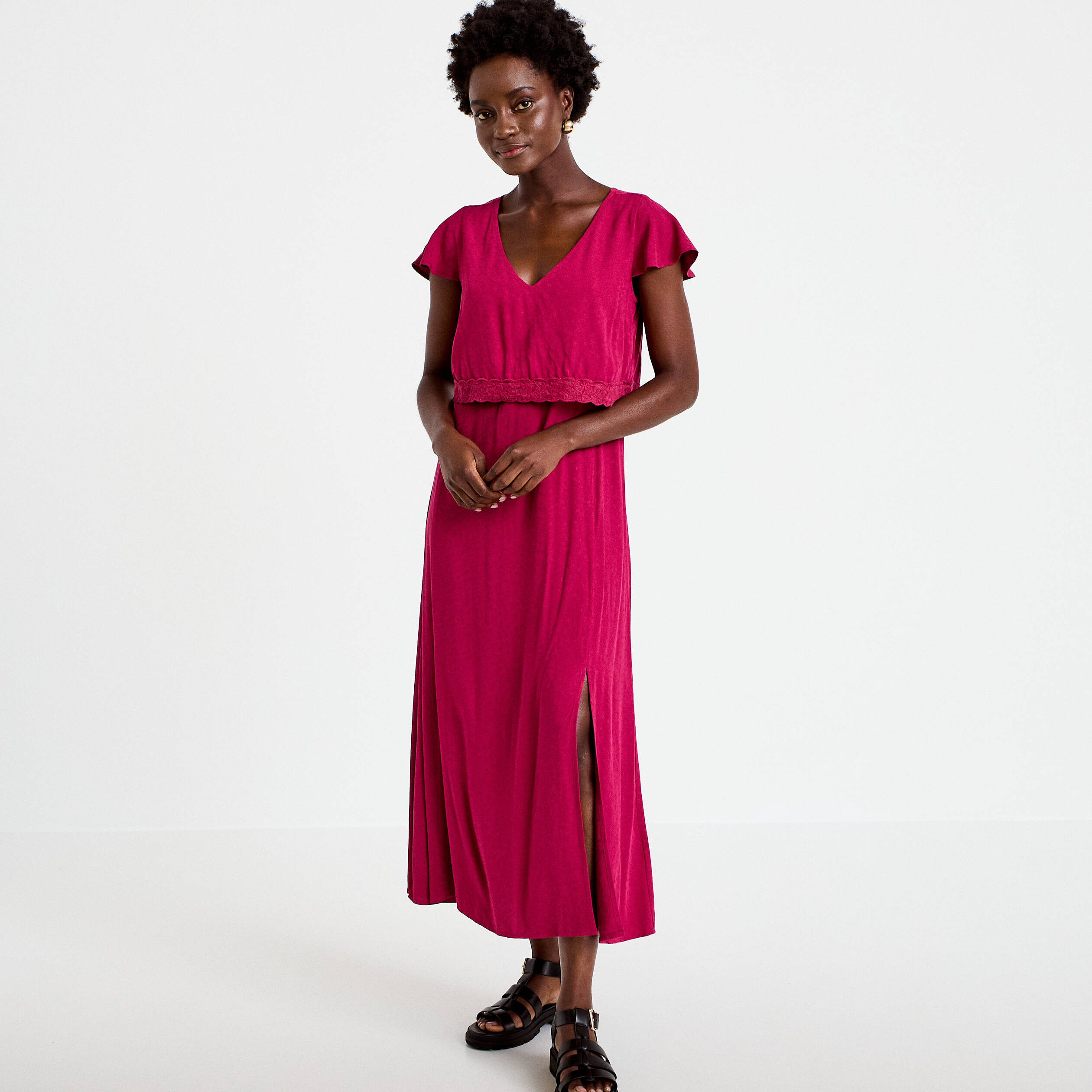 Robe longue droite col v manches courtes rouge femme