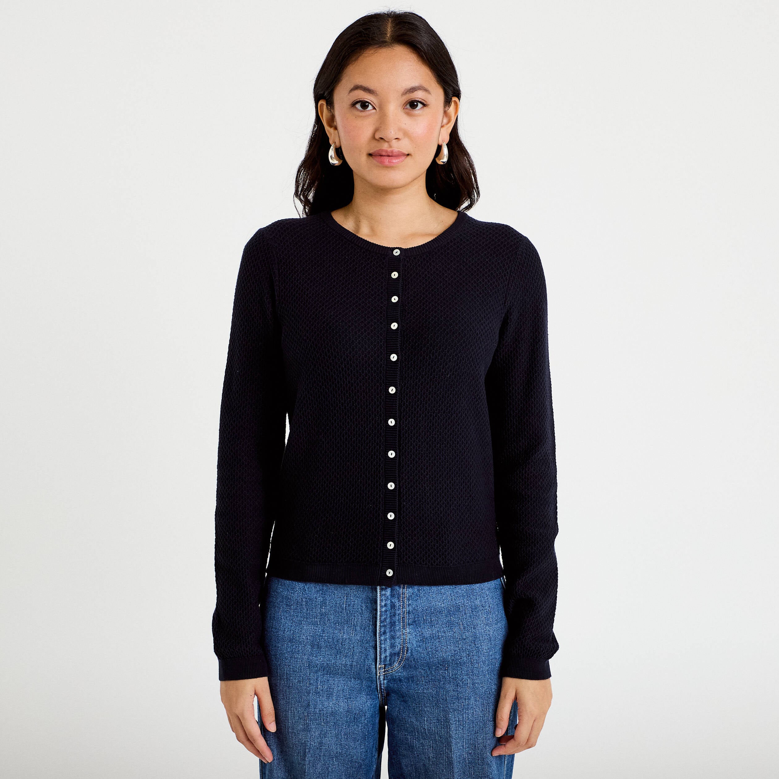 Gilet ajour&eacute; manches longues bleu marine femme
